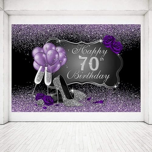 Miniatura 6 de MEHOFOTO Fondo fotográfico negro y morado con tacones altos plateados, globos de rosa morada para fiesta de cumpleaños número 70, telón de fondo