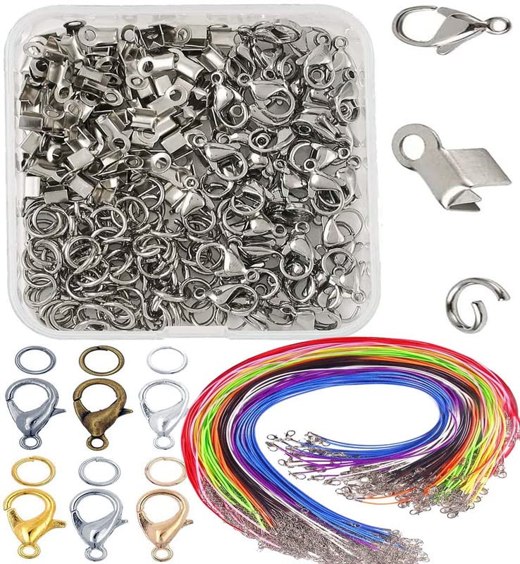DIY Crafts 2 Sets, Antique Silver, 1x Set Contain:- 10x Fold Over Crimp Cord Ends & 5X Lobster Claw Clasps & 50x Jump Rings Terminators Clamp End Tips for Leather (2 Sets, Antique Silver) Deal