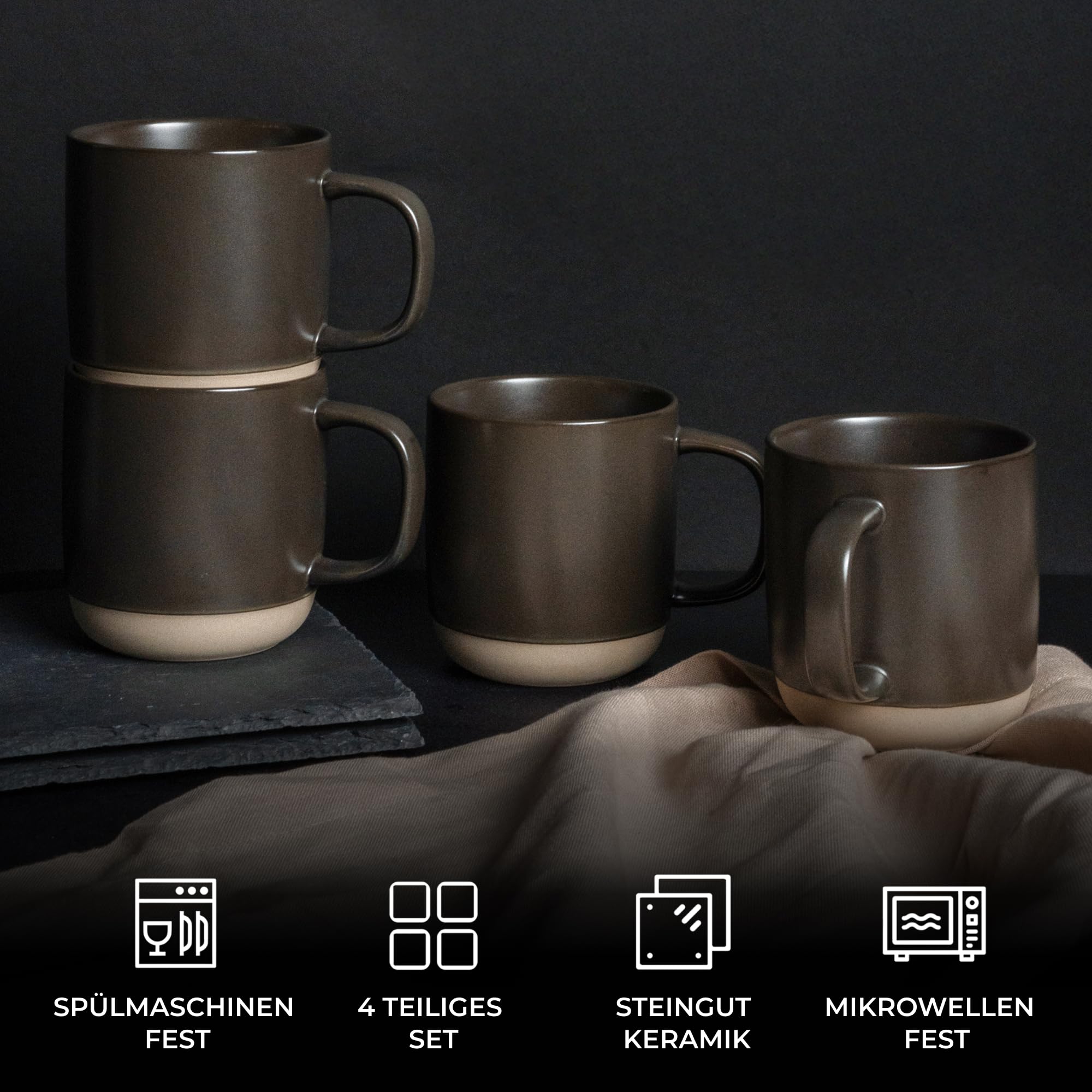MIAMIO – Kaffeetassen Set 4er / Kaffee Becher Keramik (500 ml) für Kaffee, Cappuccino, Latte Macchiato, Tee, Espresso/Spülmaschinen- und mikrowellengeeignet – Sierra Kollektion (Dunkel, Becher (4x))