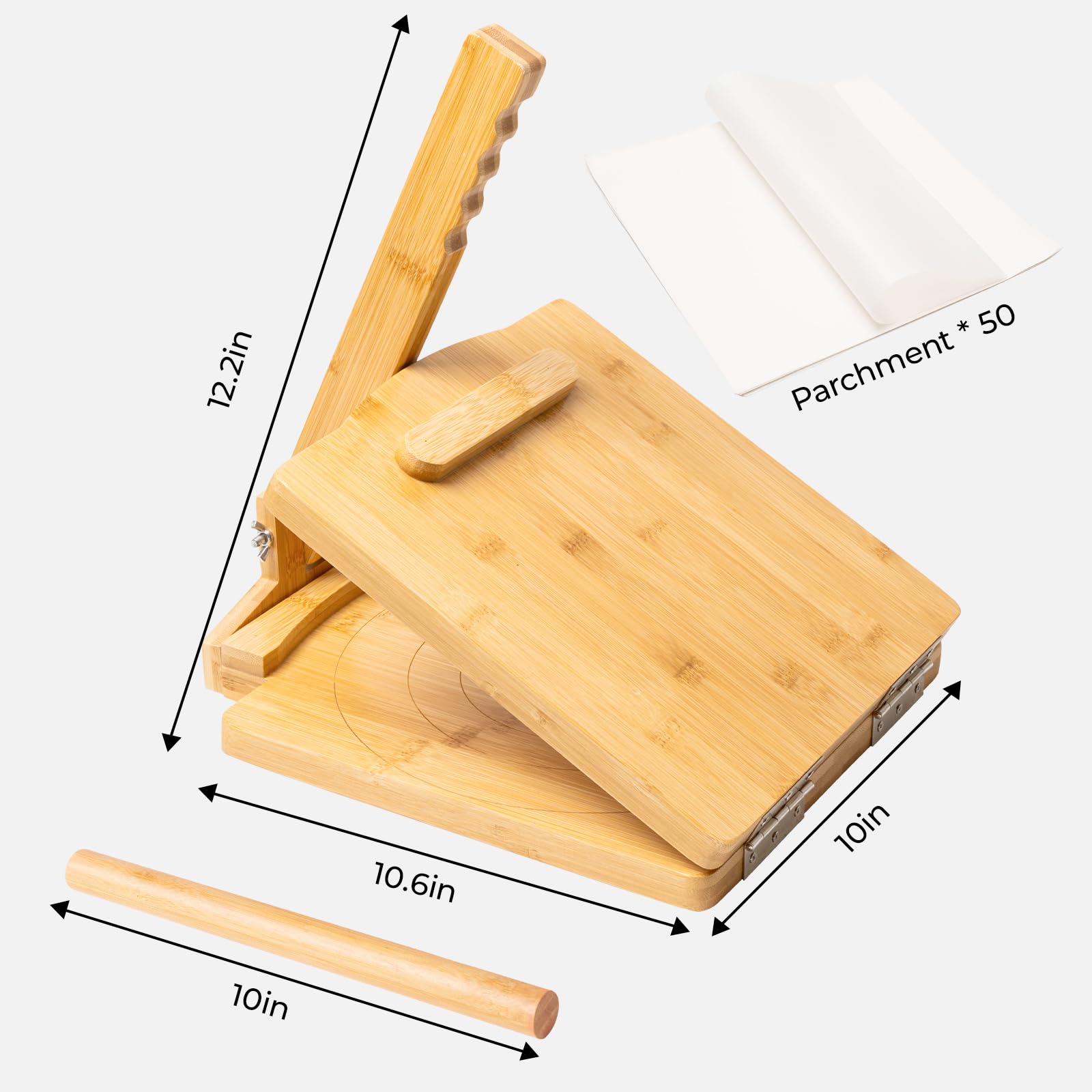 Prensa de tortilla de madera mejorada 2025 de 10 pulgadas, grande, con rodillo y 50 piezas de papel pergamino, para tortilla casera, roti, chapati, taco, pataconera, burritos