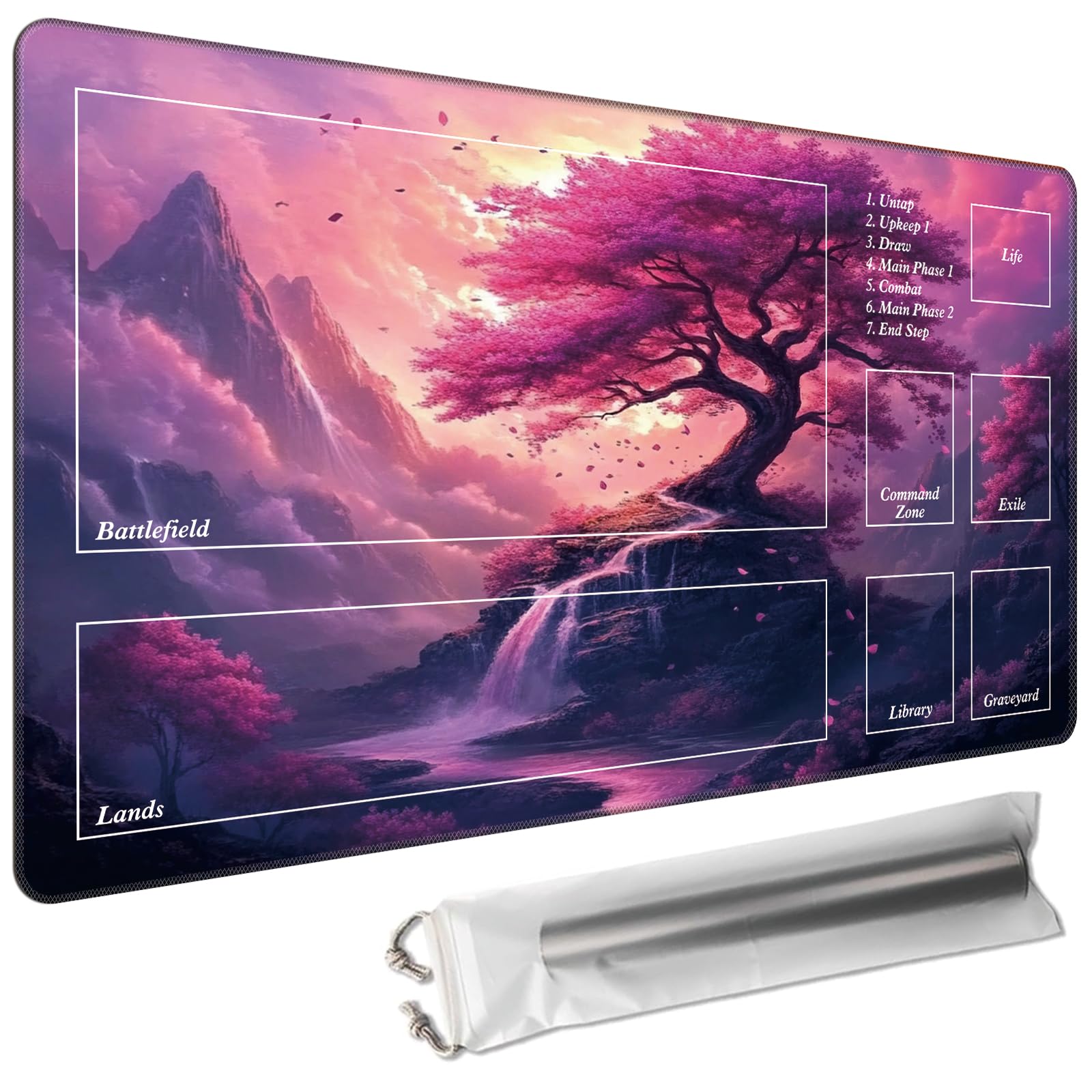 Cdkfxjy MTG Playmat with Magic Zone 24 x 14in Includes Storage Bag,TCG Playmat with Soft Surface Premium Non-Slip Rubber Backing Stitched Edges Durable Gaming Mat,Pink Tree