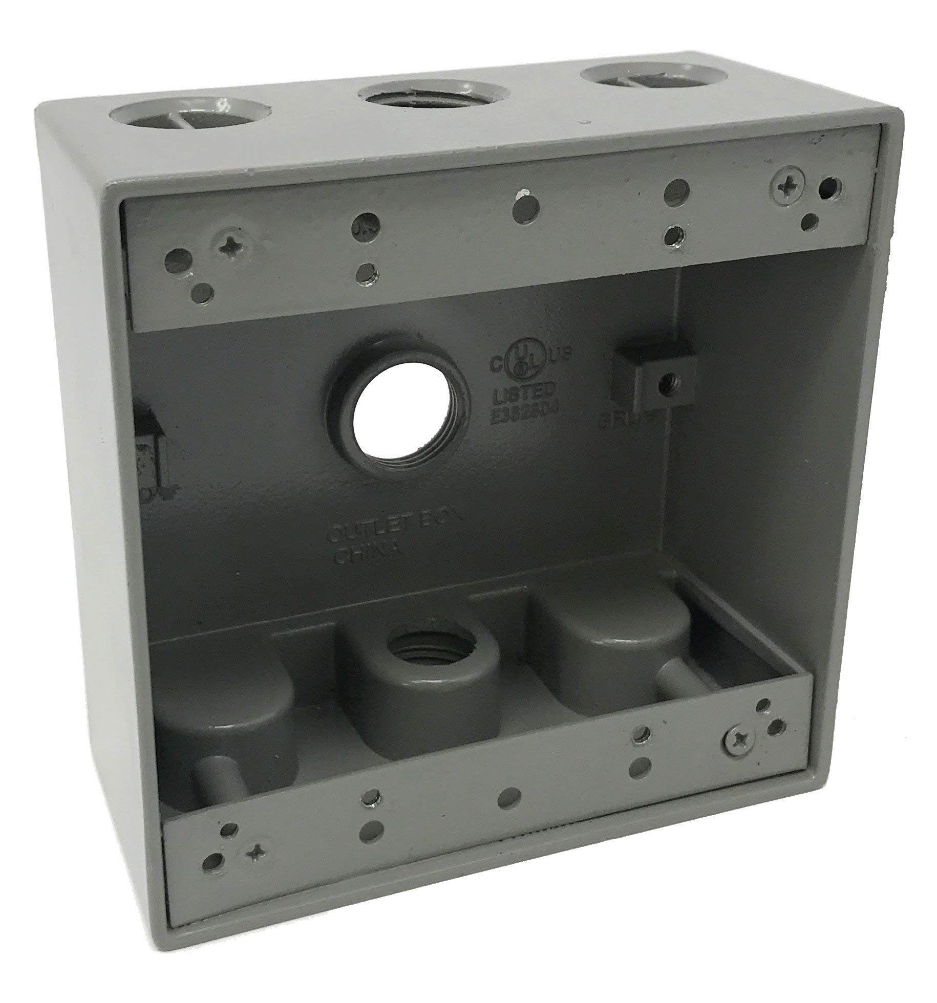 Sealproof 2-Gang 3 1/2-Inch Holes Weatherproof Rectangular Horizontal Electrical Outlet Box with 3 Outlets, 1/2" Inch, UL Listed, Double Gang