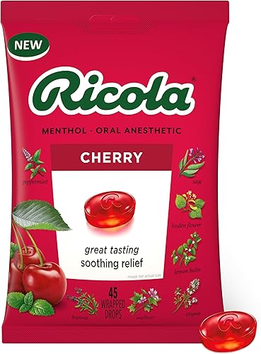 Ricola Gotas de garganta de cereza, 45 unidades, gotas diarias para un delicioso refresco de garganta, anestésico oral, sabor natural