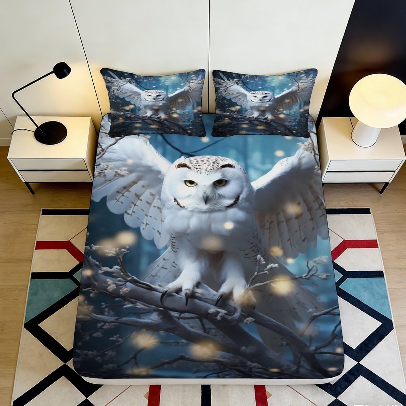 3D Printed Snowy Owl Fitted Sheet Microfiber Soft Breathable Night Forest Bed Cover for Bedroom Dormitory Guest Room Mattress Protection Decor 200x200x25cm