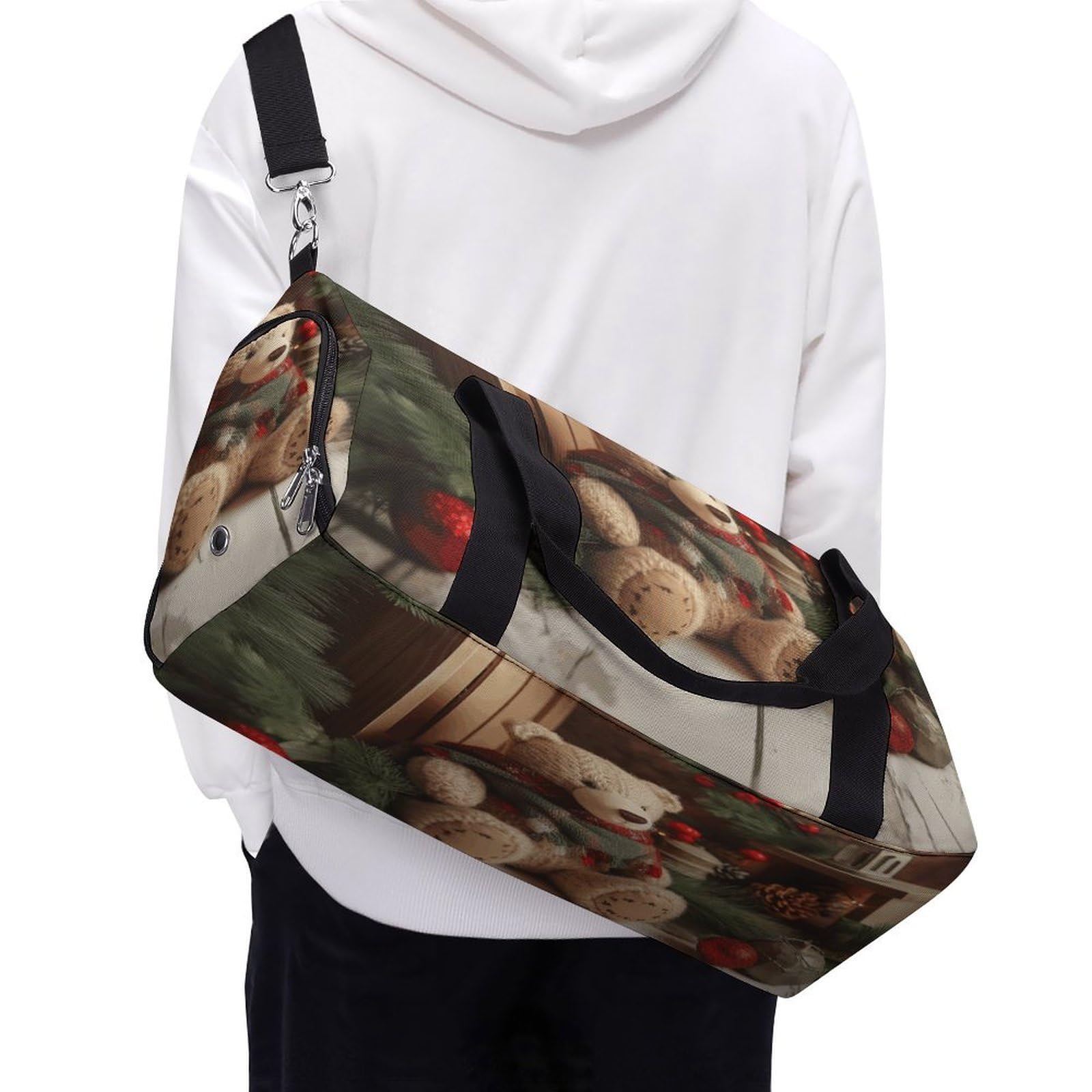 Turnbeutel für Damen und Herren, Weihnachtsbaumzweig, Bären-Puppen-Druck, Turnbeutel, wiederverwendbar, Turnbeutel mit Schuhfach, Stil, Einheitsgröße, modern, Stil:, Einheitsgröße, Modern