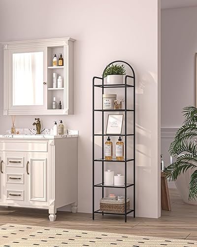 Miniatura 7 de Estantería de vidrio templado, estantería delgada para dormitorio, baño, oficina en casa, marco de acero, negro de 6 niveles BC10601B