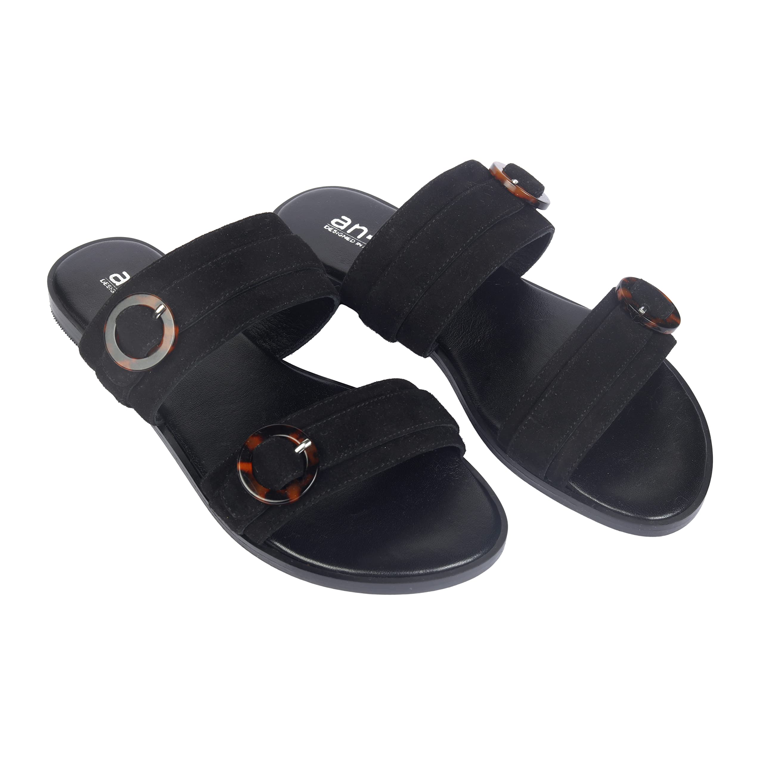 ANSE Women’s Leather Trendy Sandal, Camille Leopard Buckle, Double Strap Slip On, Slide Black Flat