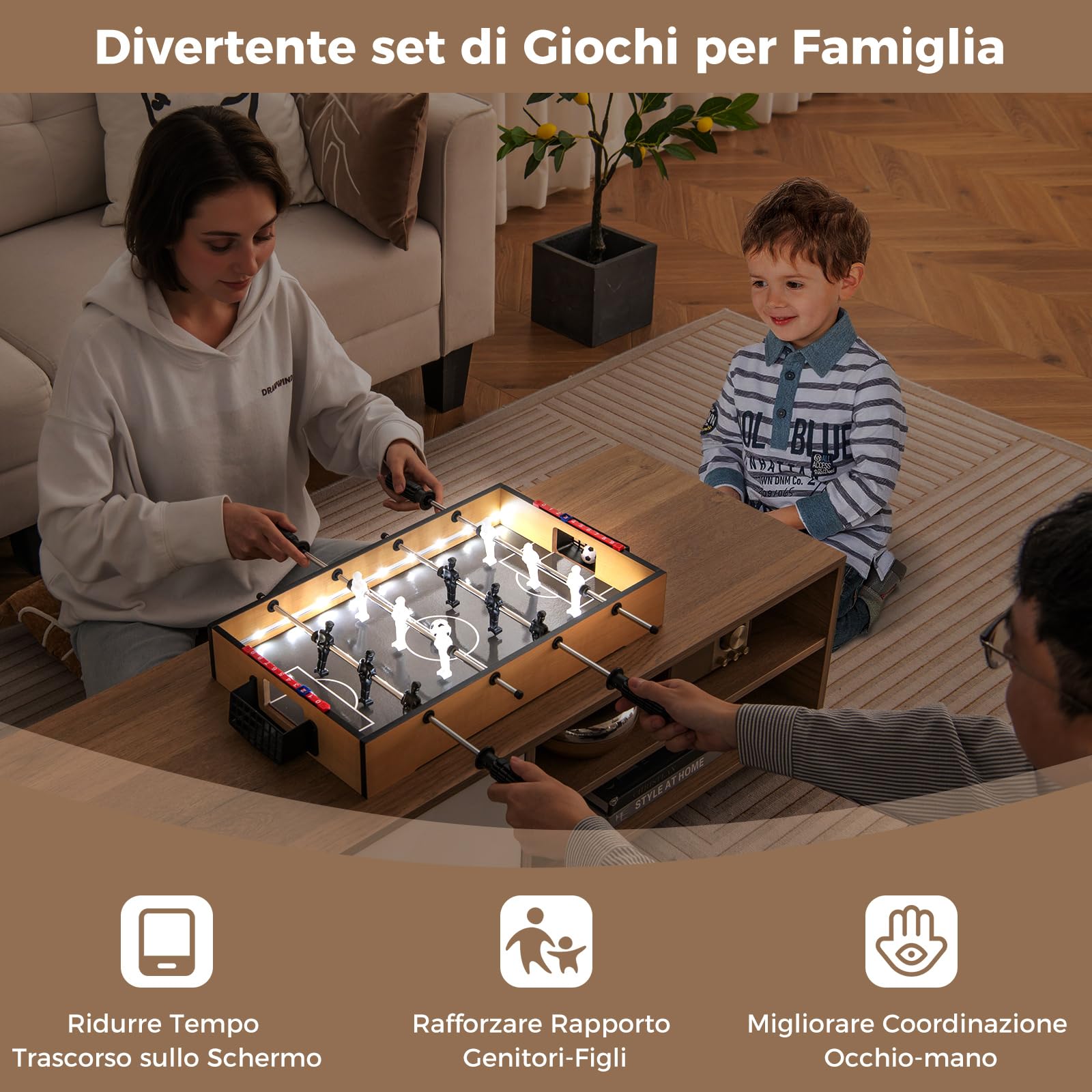 COSTWAY Calcio Balilla, Calcetto da Tavolo con LED Maniglia Antiscivolo 2 Palloni, Biliardino per Feste, Bar, Sala Giochi, 51x30,5x8 cm