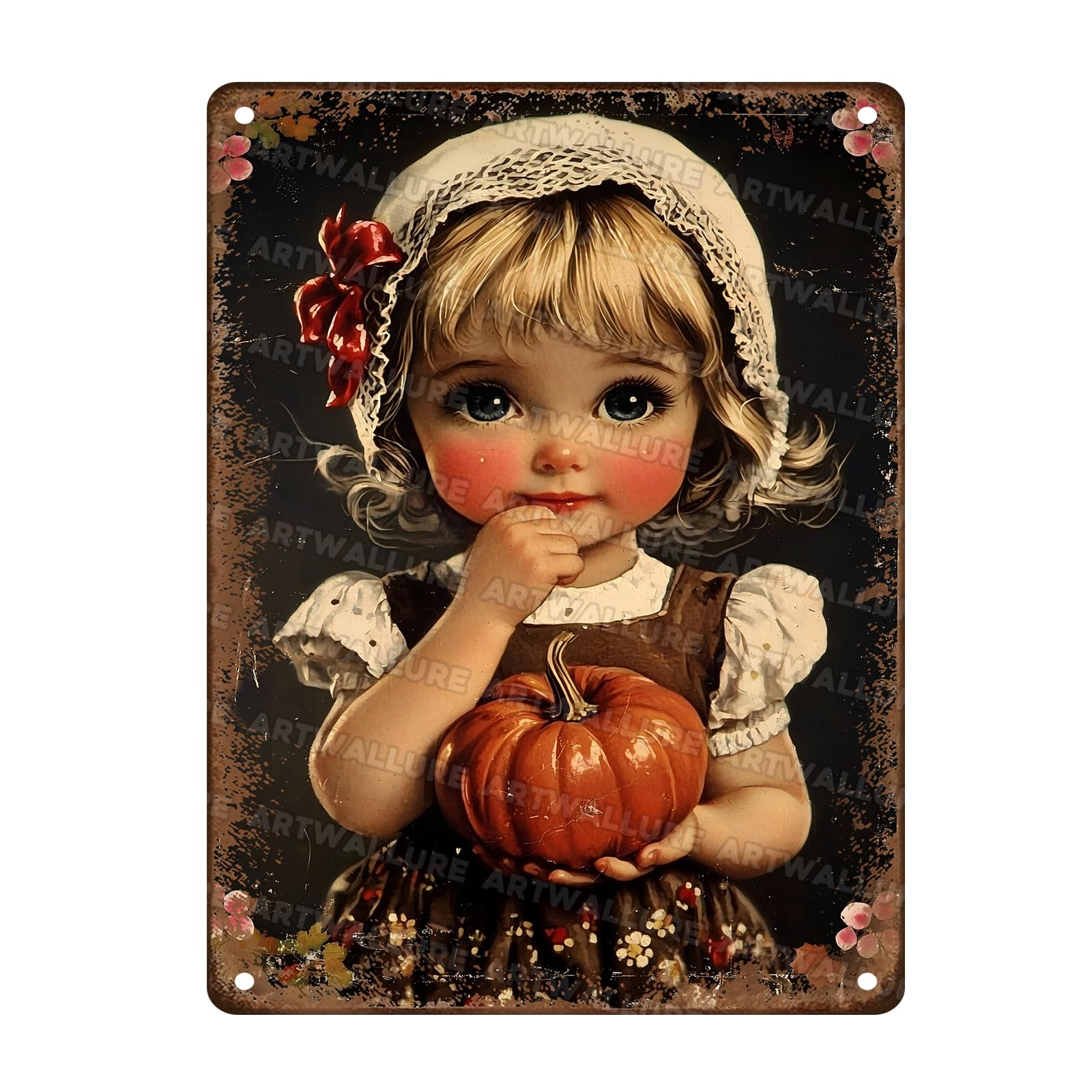 Happy Thanksgiving Day Vintage Pumpkins Tin Sign Thanksgiving Autumn Farmhouse Girl Metal Tin Sign for Pub Club Cafe bar Home Wall Art Decoration Poster 12x16inch