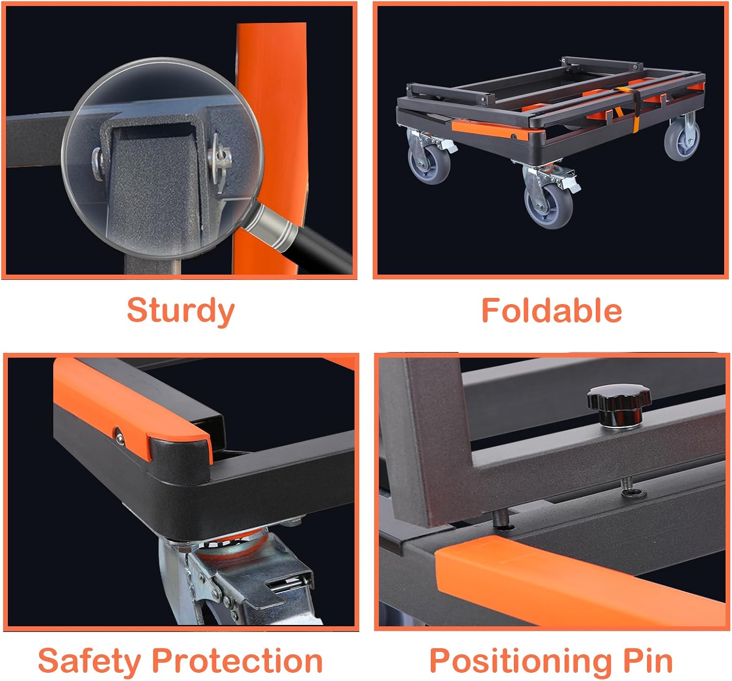 Close-up images showing the sturdy construction, folding mechanism, safety protection rubber strips, and positioning pin of the drywall cart.