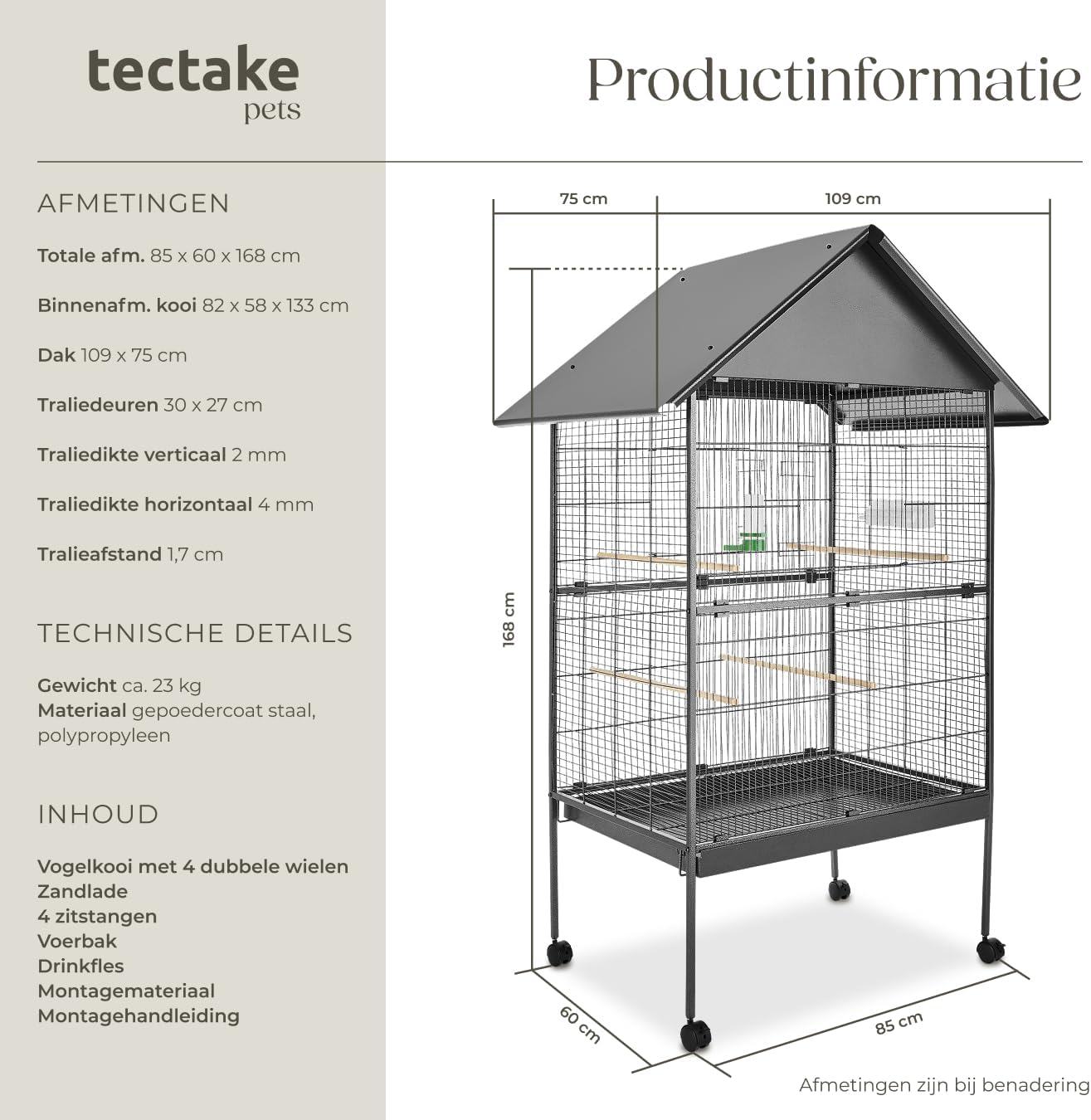 Diagram showing the dimensions of the Tectake Bird Cage and a list of included components.
