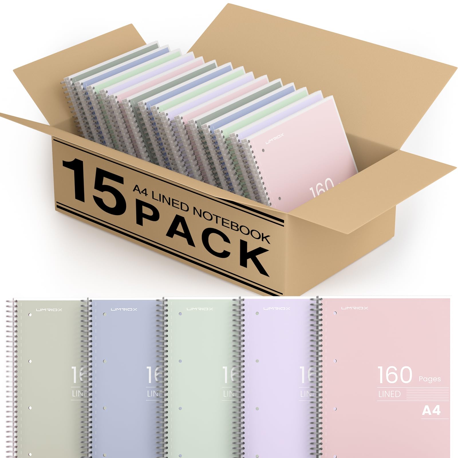 Umriox 15 Pack Notebook A4, 8 mm Lined with Margin, 160 Pages Wirebound Notebook with 4-Hole Punch Margins, Easily Tear Off - Morandi Colors