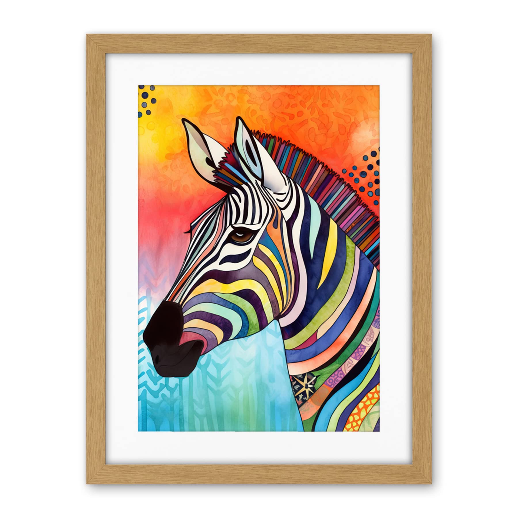 Artery8 Zebra Folk Art Bright Multicoloured Artwork Framed Wall Art Print 18X24 Inch