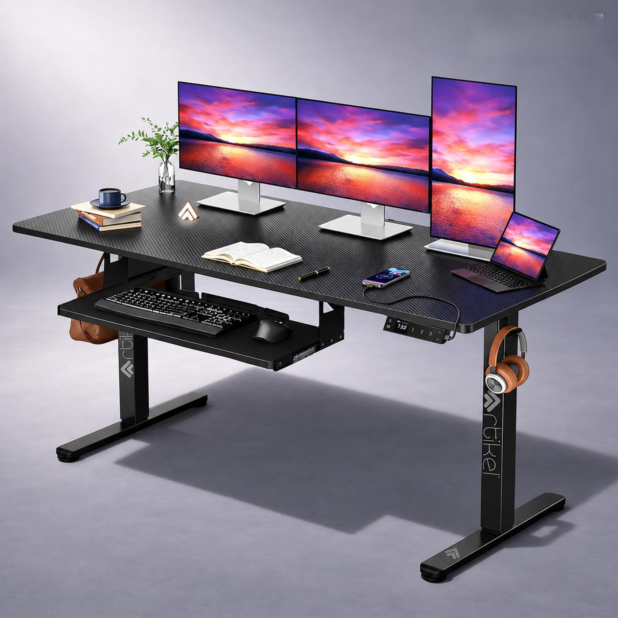 ARTIKEL Artidesk X-Large Electric Height Adjustable Table for Office Work with Keyboard Tray | Sit Stand Gaming Desk| 80Kg Wt Lift | 2 Headphone Hooks, Cable Management Tray - Black (160x75cm)