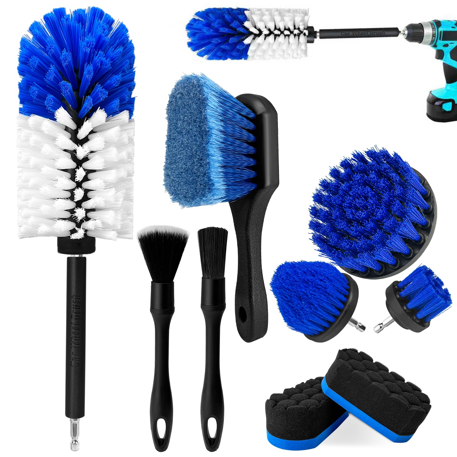 Wheel Brush Kit, Soft Drill Wheel Cleaner Brush, Tire Brush, Detailing Brush, and Detailing Pads, No Scratches Car Wheel Cleaning Kit for Wheels, Tire