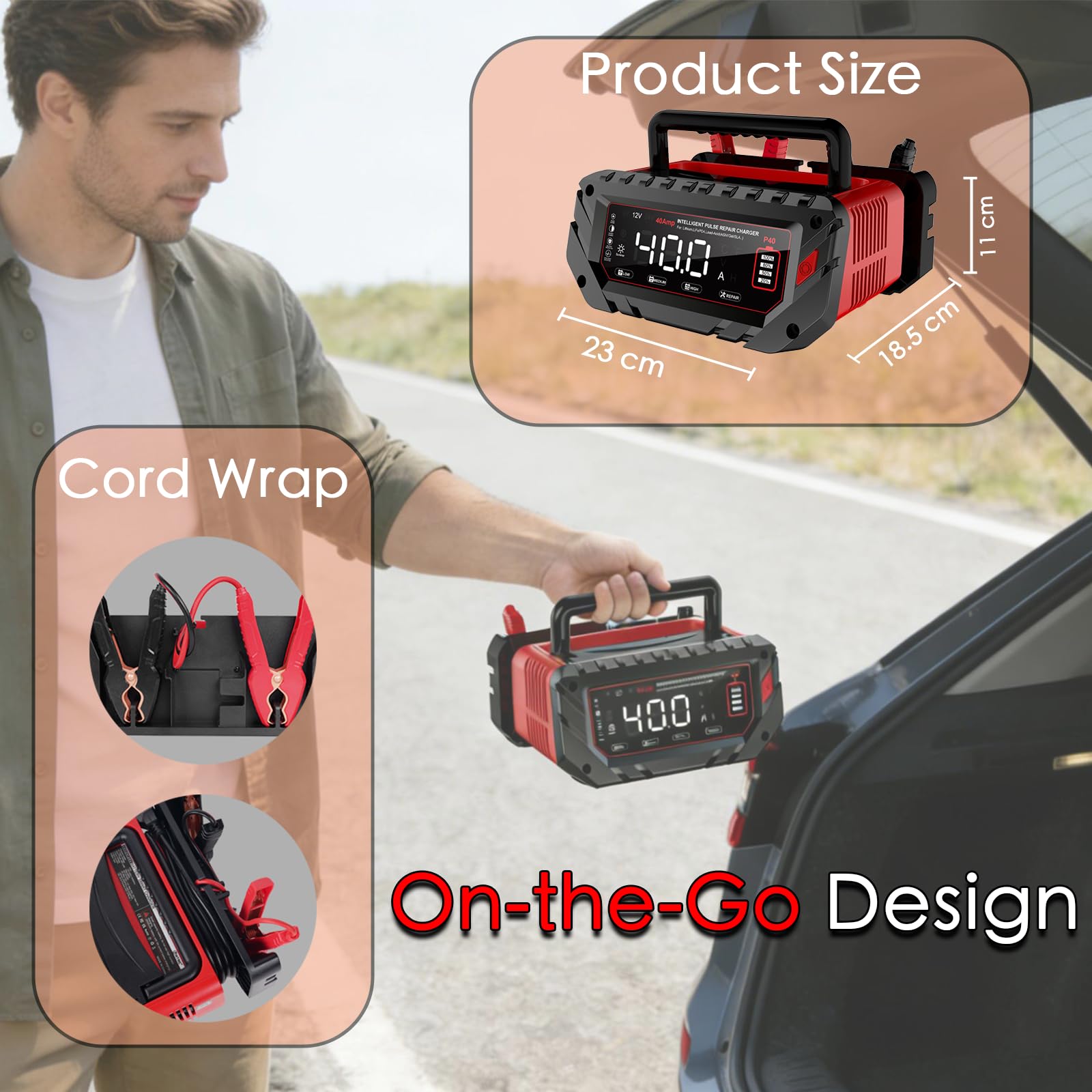 Cargador de Batería Coche Inteligente WARMFORWEL P40 40A, 6V/12V/24V Pulse para Litio/LiFePO4/AGM/Plomo, con Pantalla LCD y Control Temperatura para Camión Motocicleta