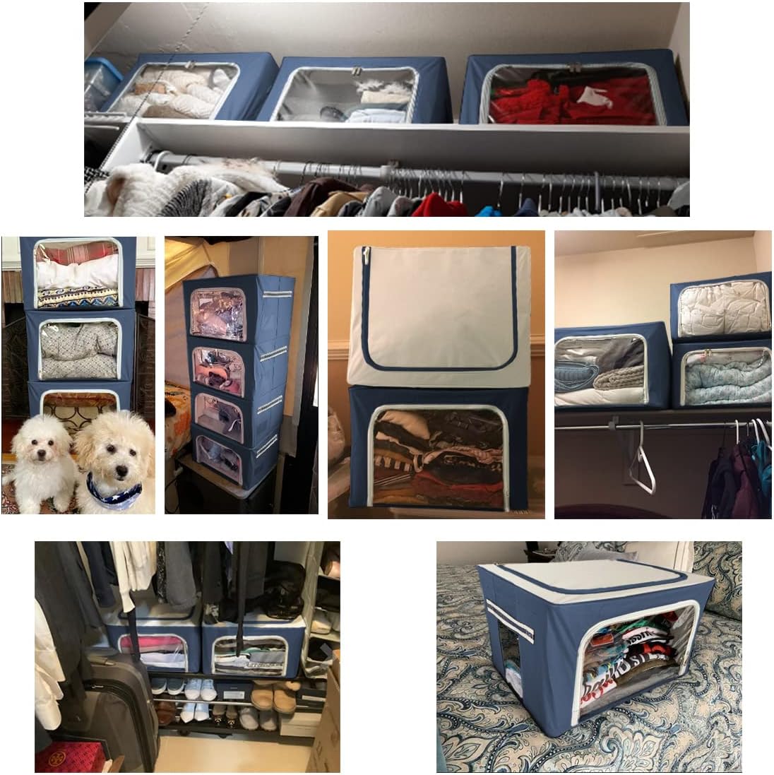 Clothes Storage Box Bins Stackable Foldable Organizer,Sturdy Handles with Metal Frame for Clothing Bedding Shelves,Closet Container with Clear Window Zipper and Label Holder (Navy, 40L x3 Pack)
