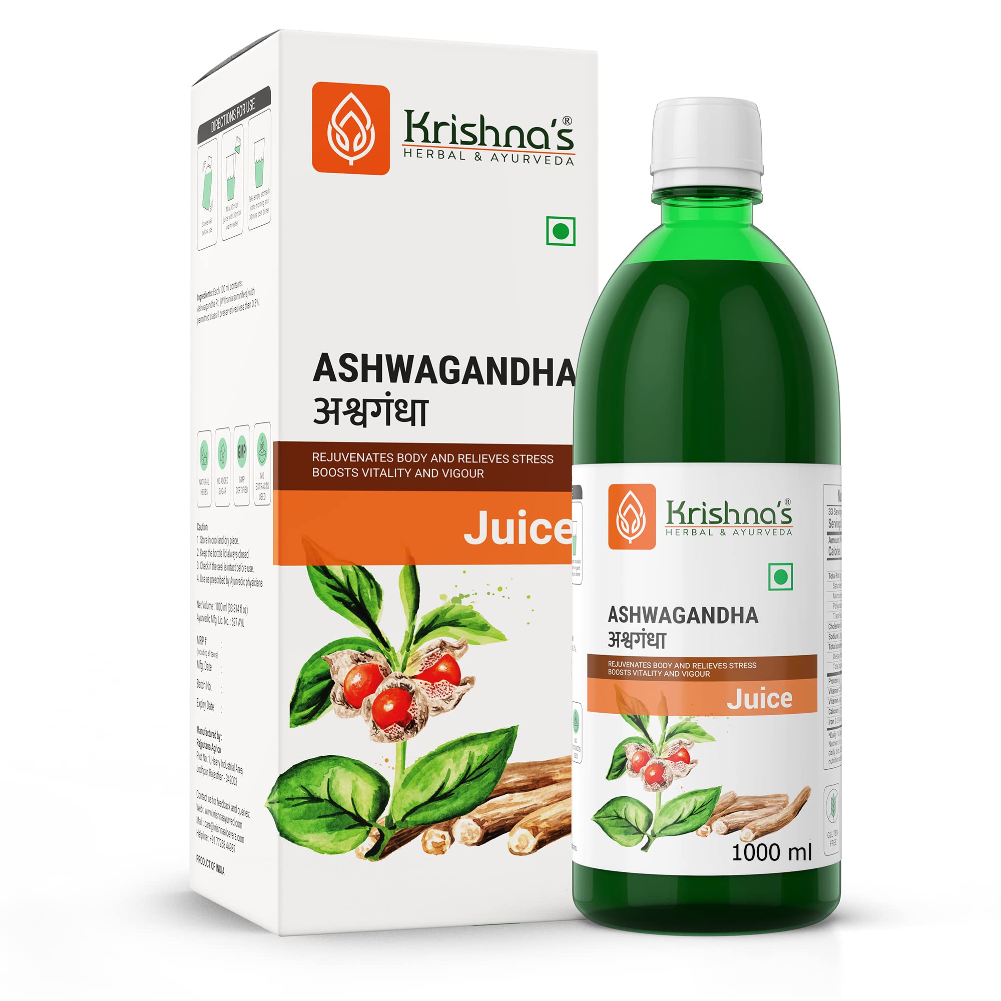 Krishnas Ashvagandha Juice 1L | Ayurvedic Ashwagandha Juice to Reduce Stress & Anxiety Naturally | Boosts Energy Levels | Sugar Free | GMP Certified (1000 ml) (B09TBBRDKK) Amazon Price History, Amazon Price Tracker