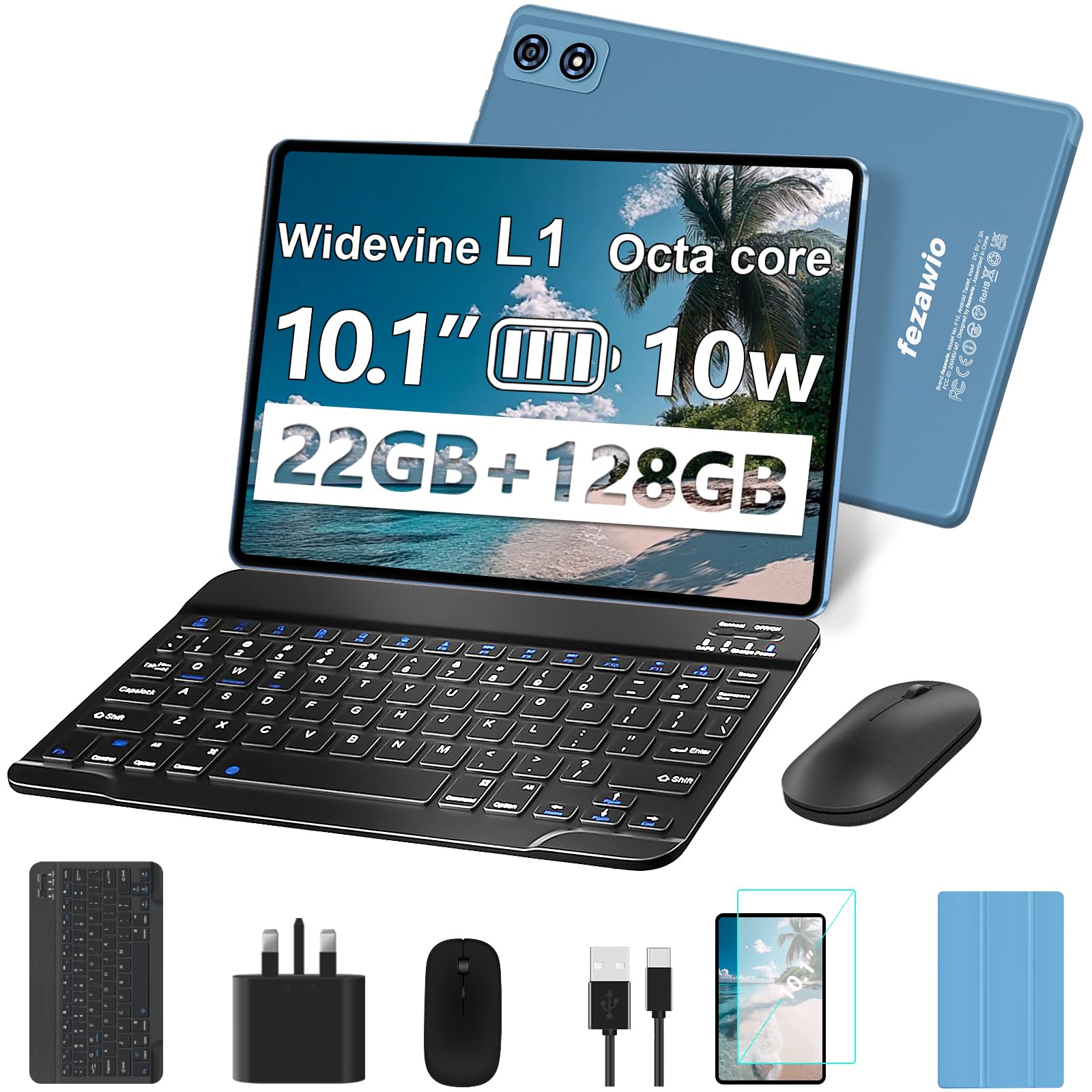 2025 Newest 10 inch Android 14 Tablet|22GB RAM+128GB ROM|1TB Expandable|8000mAh|5G Wi-Fi|Widevine L1|Octa-Core|Keyboard-Mouse-Holster|Premium Entertainment & Light Office - Blue