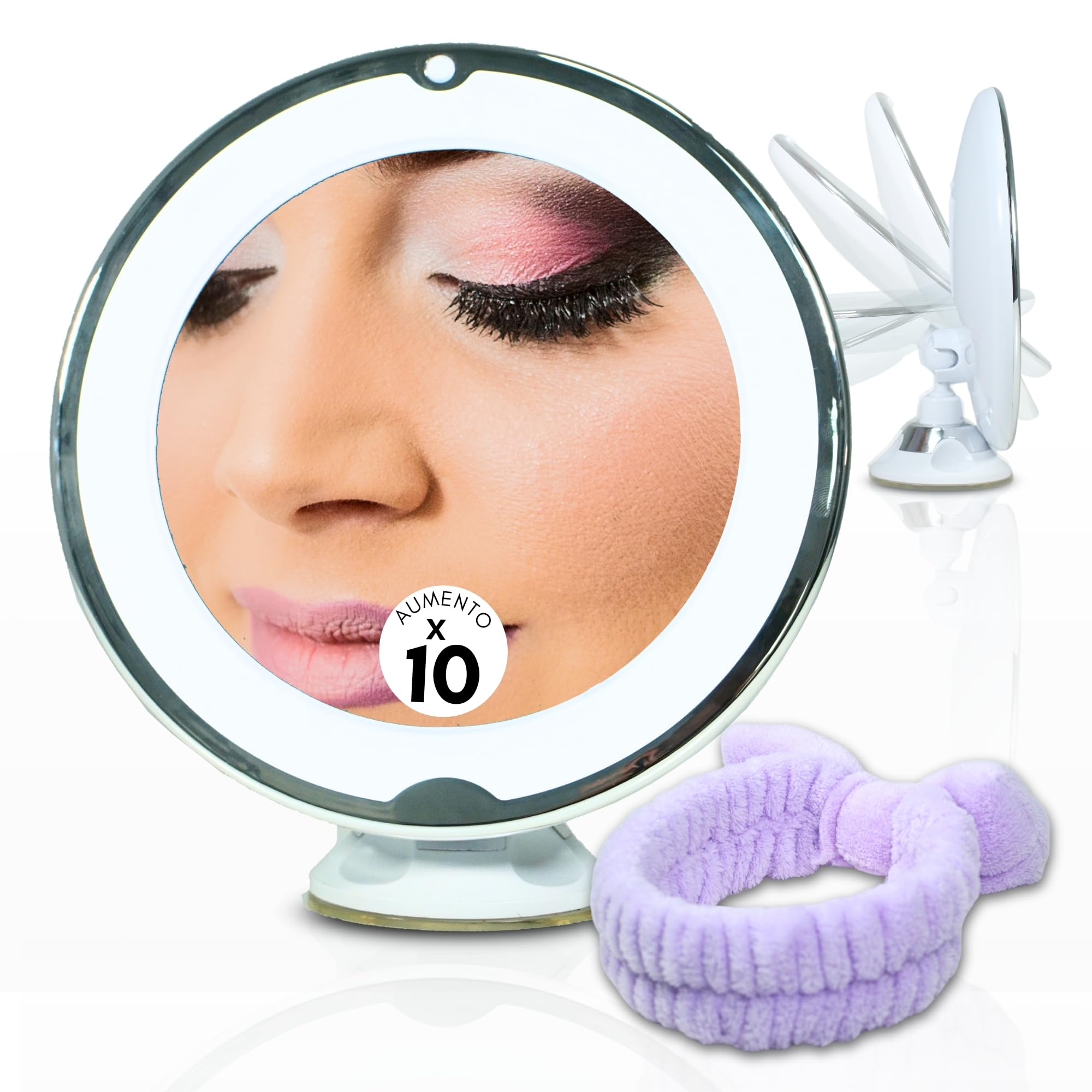 Genérico Espejo Maquillaje con luz LED, Espejo Aumento X10, Gratis Diadema Maquillaje, Ventosa de Pared y Giratorio, a Pilas (no Vienen Incluidas) Espejo para Baño.