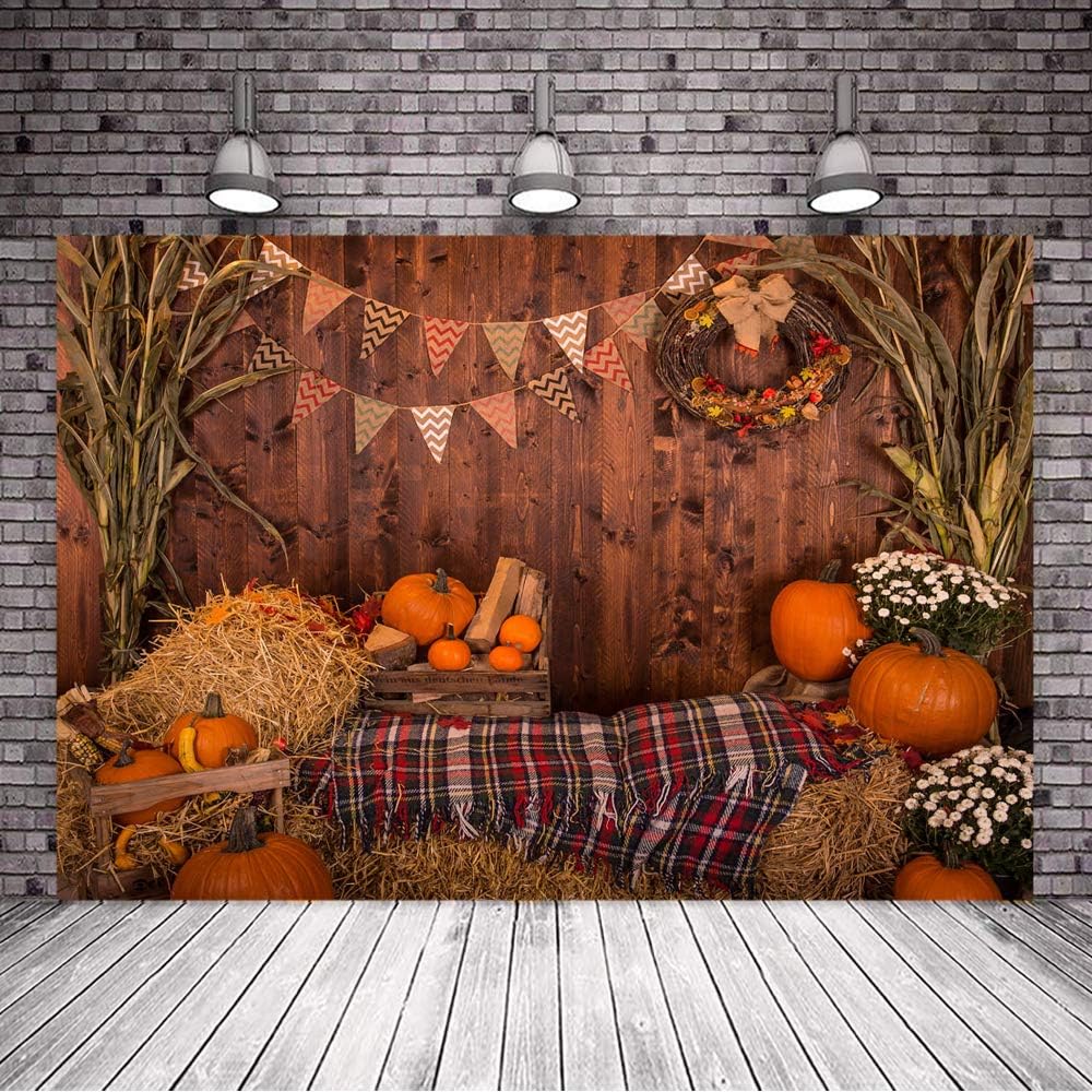 Avezano Autumn Thanksgiving Backdrop Pumpkin Rustic Wood Floor Barn Harvest Background Fall Maple Leaves Sunflower Baby Portrait Party Bckdrops (10x8)
