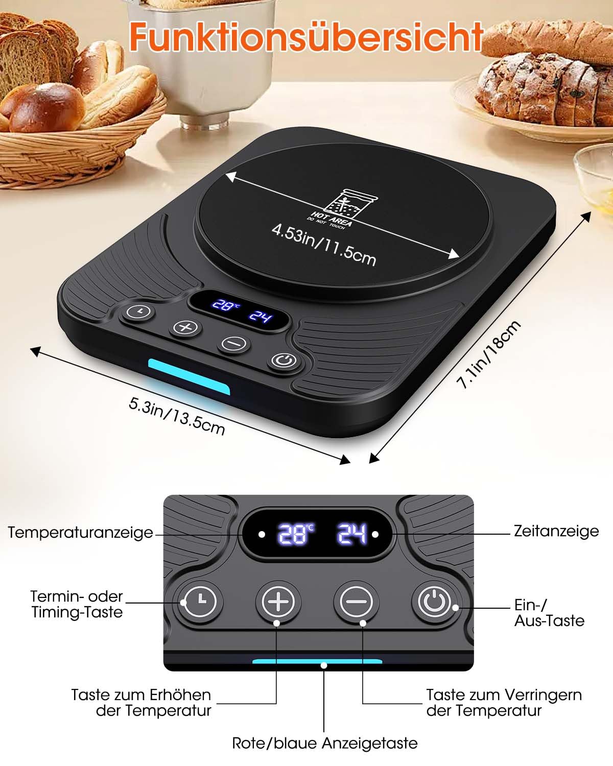 Sauerteigstarterwärmer, Wärmeplatte Präzise 1℃ Thermostat (21-43℃), 24H Timer, Automatische EIN/Aus-Funktion mit Speicher, Wärmegerät Ideal für Brotbacken & Fermentation