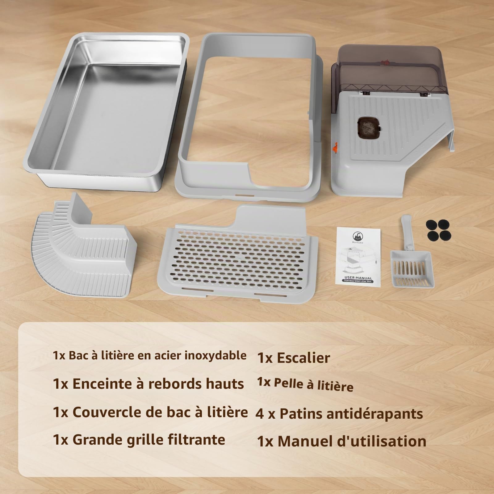 Litière pour Chat en Acier Inoxydable, bac à litière Haut en métal avec allée filtrée, Marche, Pelle, Non Collante, sans Odeur, Facile à Nettoyer (Gris Clair)