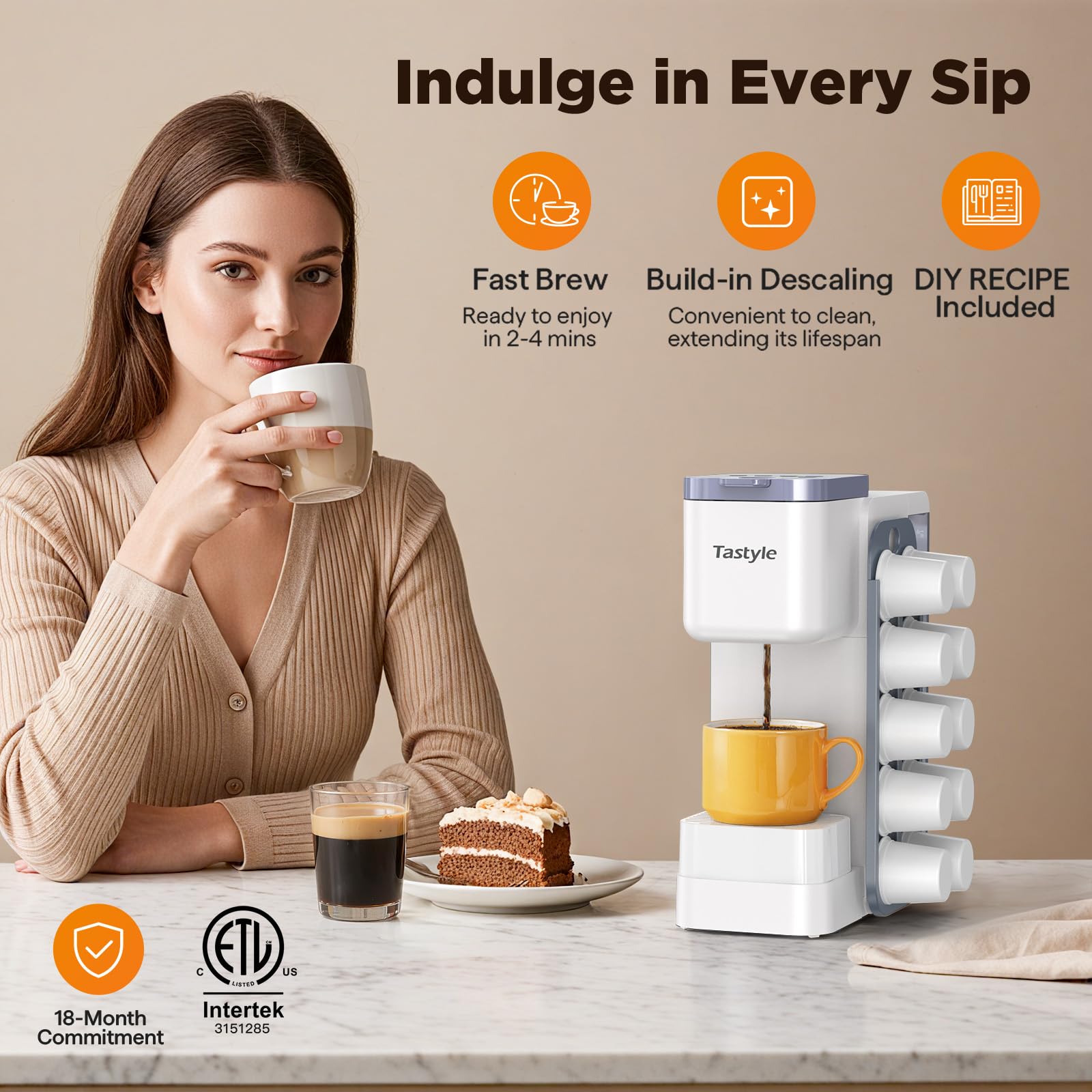 Tastyle - Cafetera caliente y helada con organizador de cápsulas K (no incluido), almacena 10 cápsulas, 4 a 5 tazas de cafetera y cafetera de una sola porción, compatible con K Cup y molido