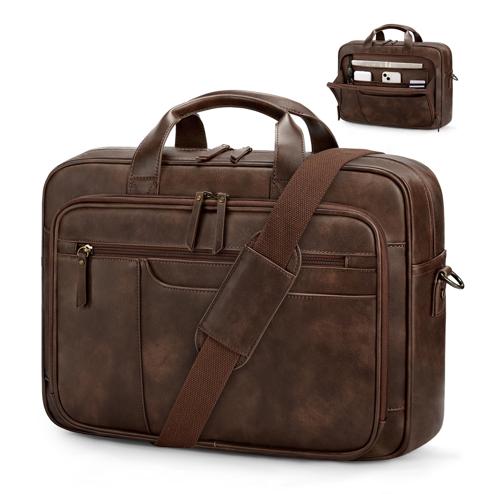 RAINSMORE Aktentasche Herren Vintage PU Leder 16 Zoll Laptoptasche | Arbeitstasche, Wasserdicht Ledertasche, Messenger Bag, Effiziente Organisation, Vielseitig für Büro, Uni, Geschäftsreisen