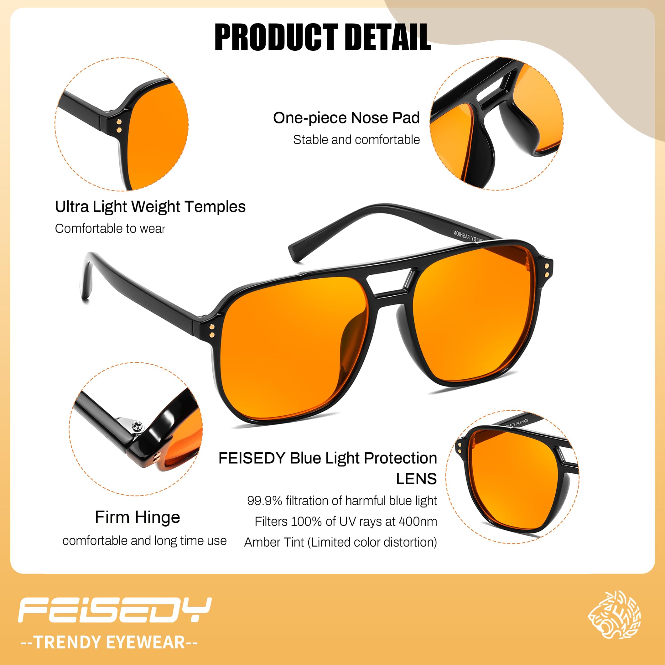 FEISEDY Retro 70s Luz Azul Filtro Gafas Gaming Gafas de Ordenador para Hombres Mujeres Ámbar Tintado G2835