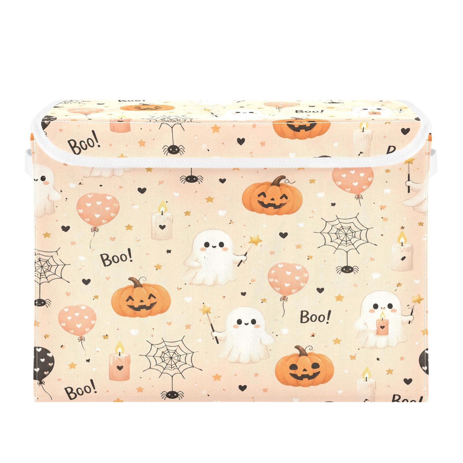 Ewusp Halloween Boo Fabric Storage Bin with Lid, Decorative Foldable Storage Basket with Handles, Stackable Closet Shelf Organiser Box for Clothes, Books, Bedroom, Living Room