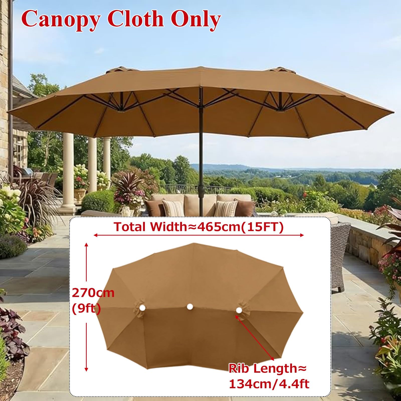 ESOYAWE Telo di Ricambio per Ombrellone A Doppia Faccia 460x270cm 12 Stecche, Impermeabile UPF 30+ Copertura in Tessuto Tettoia di Ricambio per Ombrellone Giardino Terrazza Piscina Spiaggia(Beige)