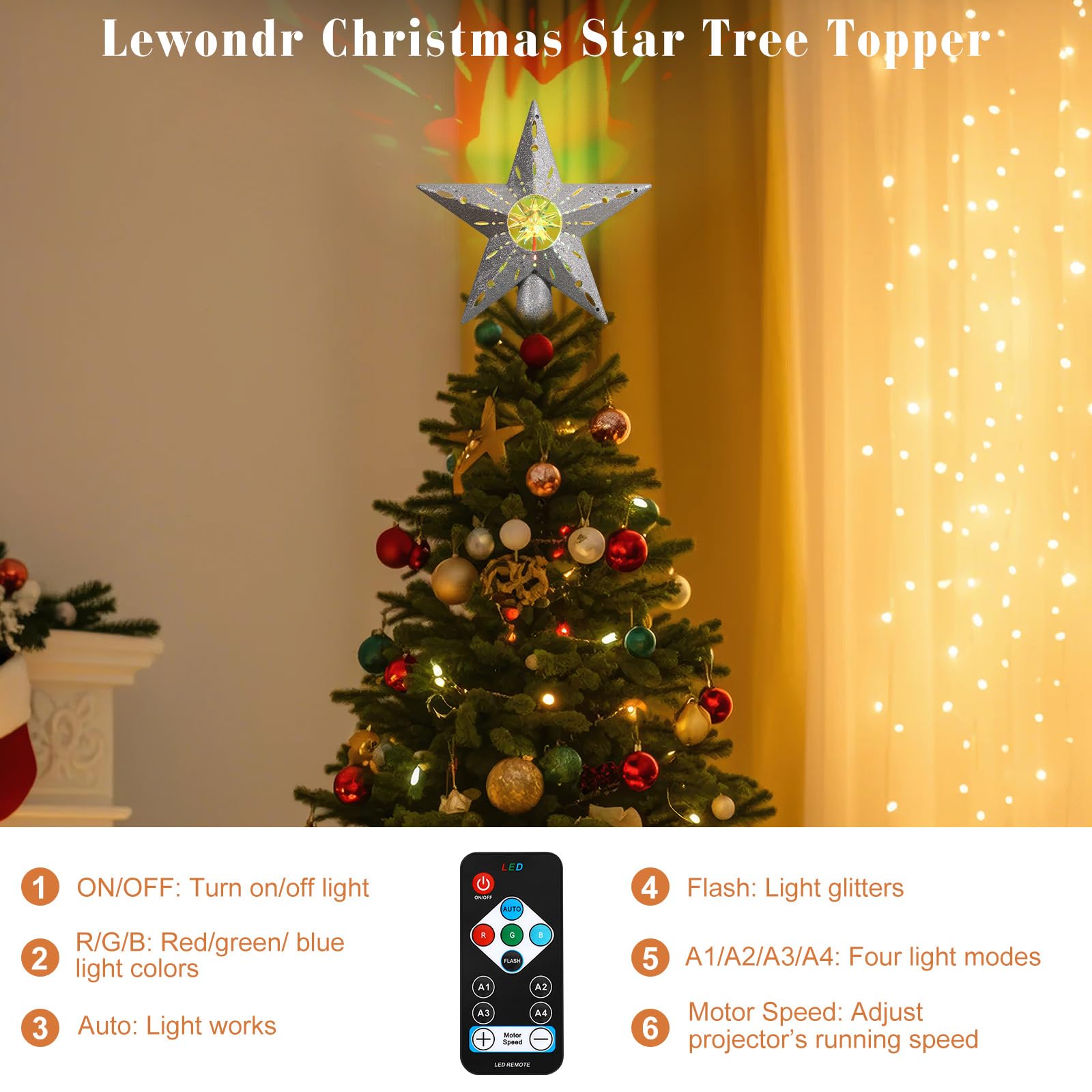 Lewondr Weihnachtsbaumspitze Schneeflocke - USB Baumspitze Mit 15 LED Kugeln & Timer