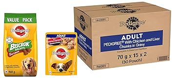 Pedigree Adult Wet Dog Food, Chicken & Liver Chunks in Gravy, 70 g (Pack of 30) & Pedigree Adult Biscrok Biscuits Dog Treat (Above 4 Months) Lamb Flavour, 900g Pack