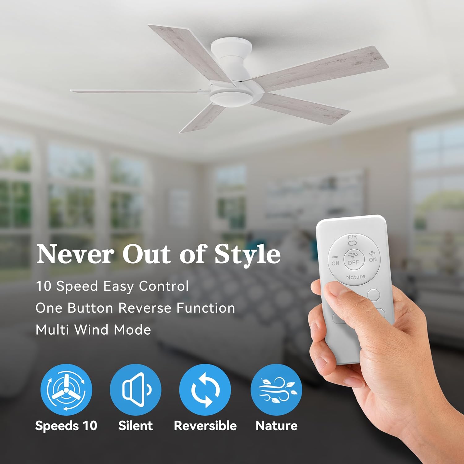 SMAAIR 52" Flush Mount Ceiling Fan without Light, Low Profile Ceiling Fan with Remote,10 Speeds Reversible DC Motor, 2 in 1 Plywood Modern No-Light for Living Room,Bedroom(White Maple and White)