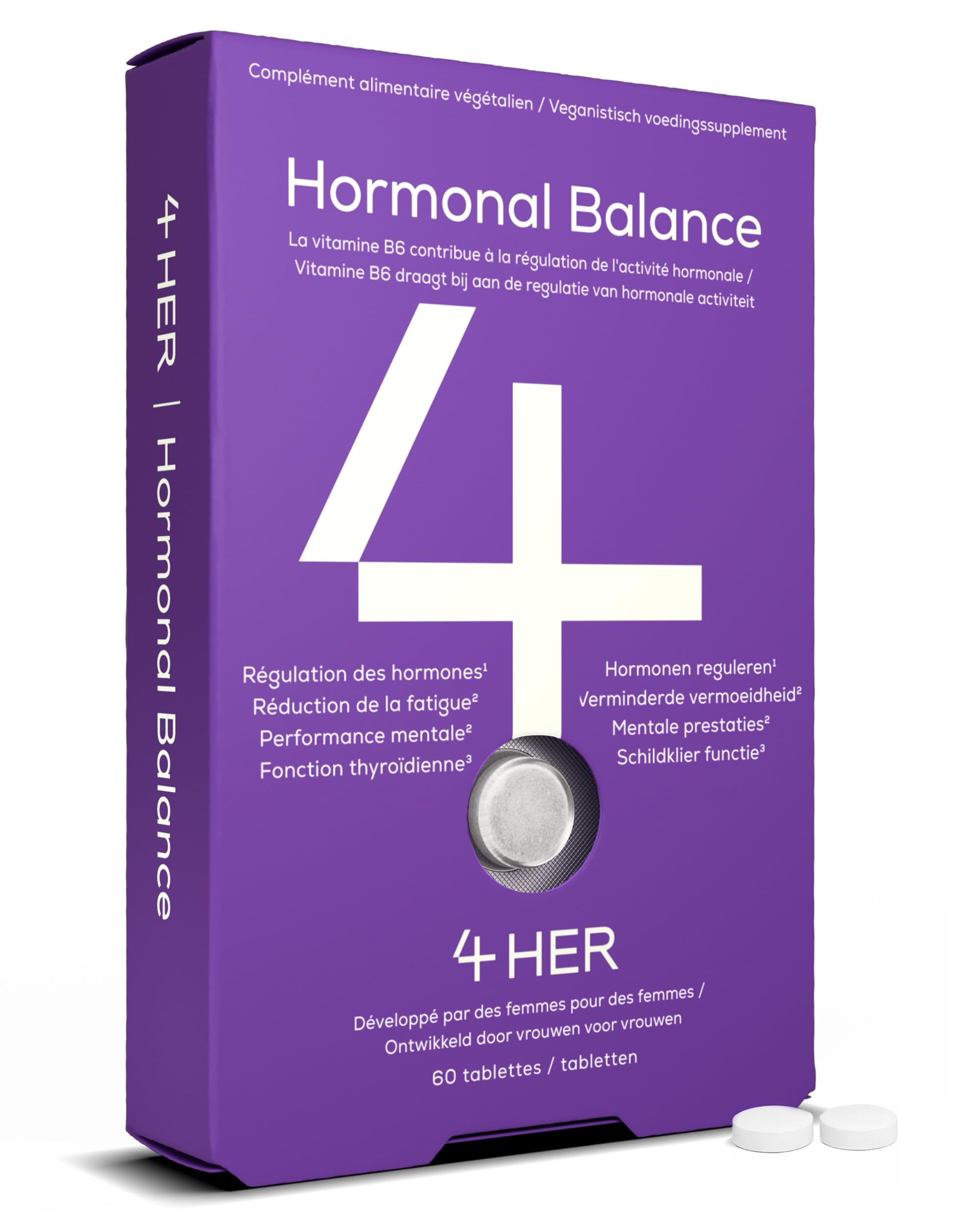 4 HER Périménopause Compléments et Vitamines Femme – Équilibre Hormonal, Safran et Ginseng – avec Vitamine B6 pour Fatigue & Activité Hormonale – 60 Comprimés Vegan (Cure 1 Mois) – GMP Certifié