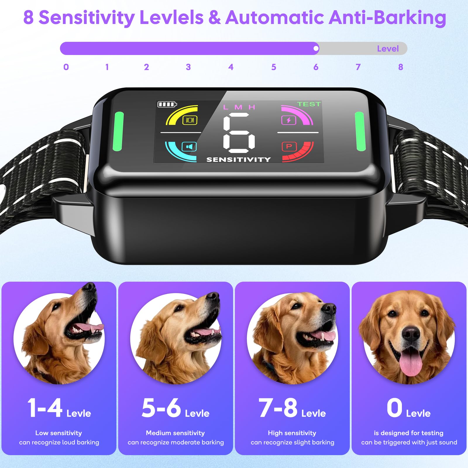 Collar Antiladridos para Perros, Antiladridos y Antiaullidos para Perros, 4 Modos de Vibración/Sonido, Impermeable IP67, Dispositivo Recargable para Detener los Ladridos Grande Mediano Pequeño