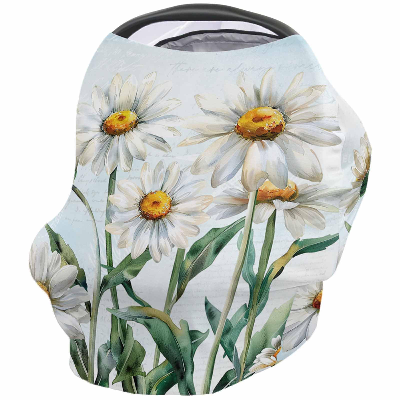 Nursing Cover for Breastfeeding Scarf, Flower Plant Daisy Wildflower Light Blue Baby Car Covers Super Soft Multi Use for Canopy Shopping Cart Cover Blanket Stroller Cover