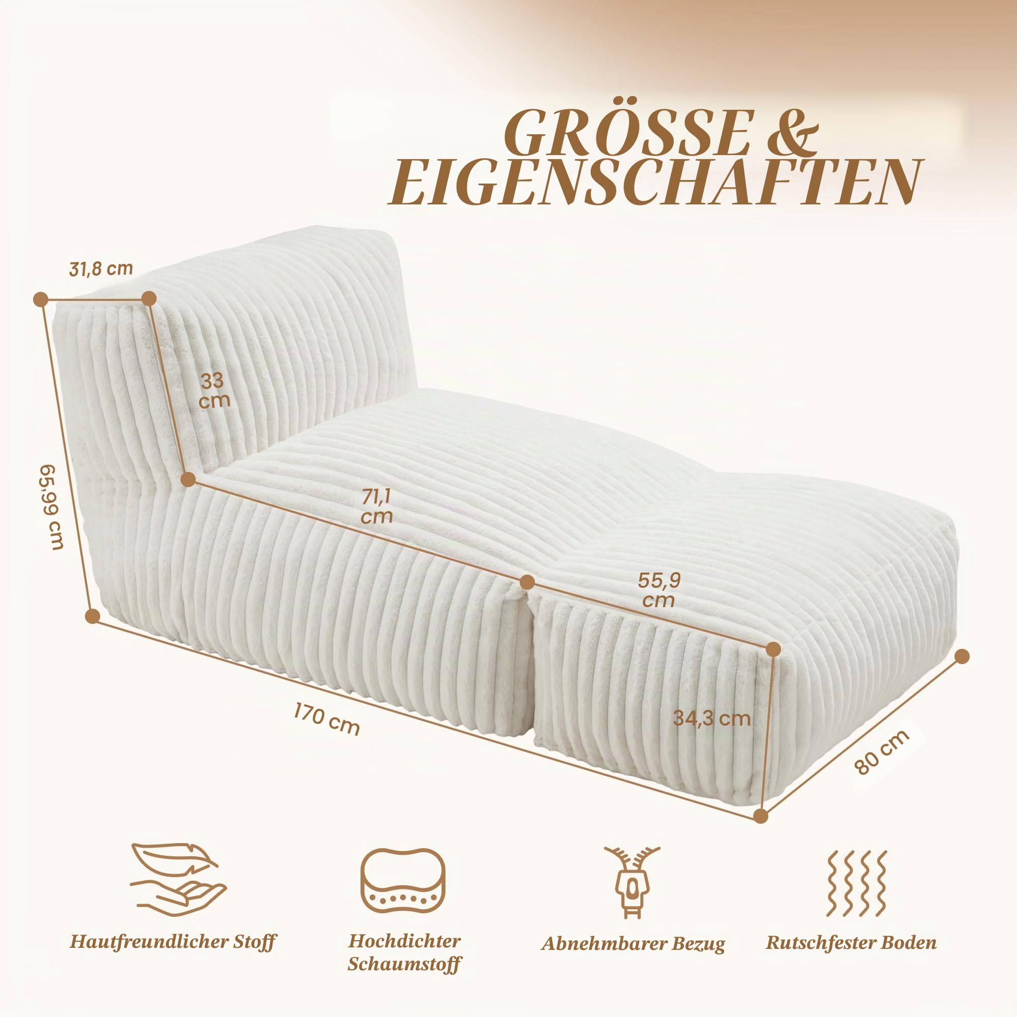 Hobestluk Großer Sitzsack Lounger Geräumiger Sitzsack für Erwachsene Sitzsack Sofa mit Memory Schaum Füllung für Wohnzimmer Schlafzimmer oder Balkon (Gestreift Weiß)