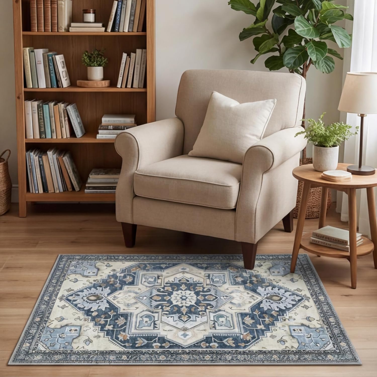 3x5 Area Rug Washable Rug Large Non Slip Entryway Rug Indoor Door Mat, Blue Floral Vintage Print Carpet 3x5 Rugs for Entryway Bedroom Bathroom Kitchen Office Living Room