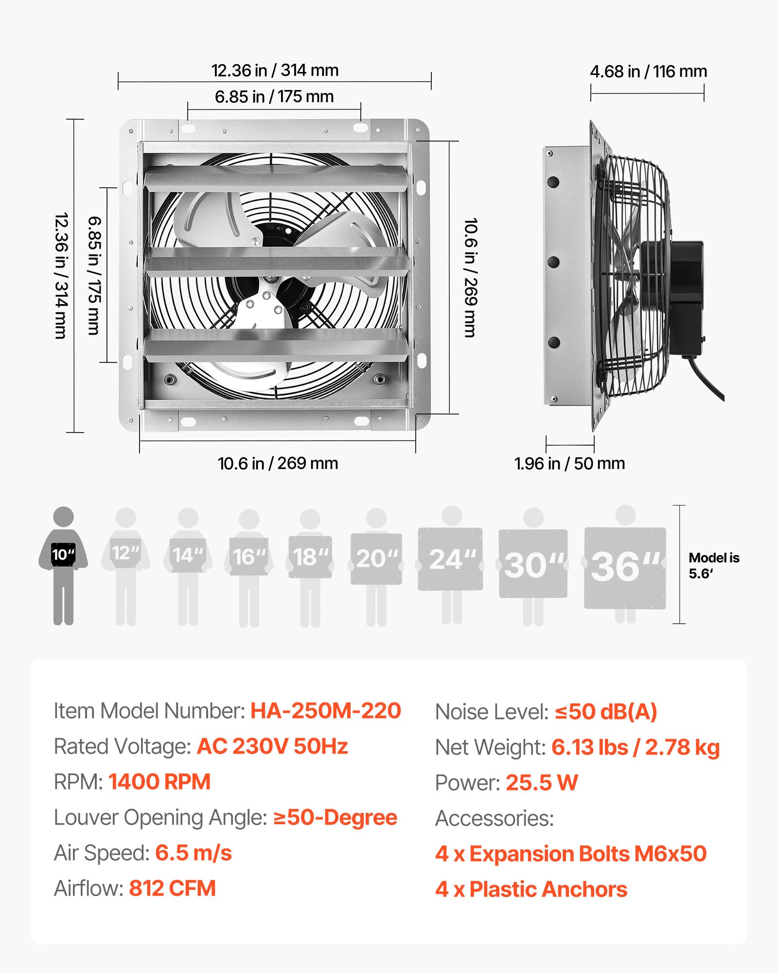 VEVOR Ventilador Extractor de Pared con Persiana, 1400 RPM, 25,5 W