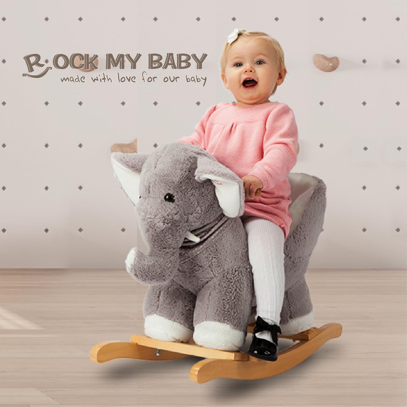 Rocking Horse Elephant, Baby Animal Rocker, Rocking Horse with Seat, Ride on Horse, Plush Rocking Horse with Sweet Music, Wooden Rocking Horse for Toddlers 1-3, (Gray Elephant), CPC Certified Elliot,Gray Elephant image 6 of 8 B07B68399J