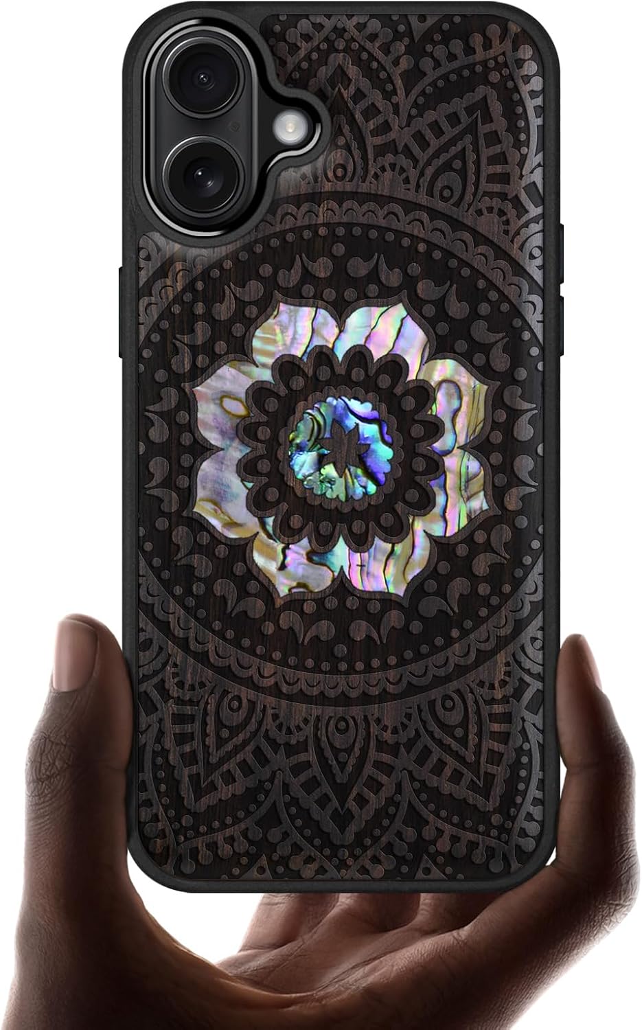 Carveit Magnetic Case for iPhone 16 Plus Case, Wood Artisan Engraved & Handmade Shell Inlaid, TPU Shockproof Cover, Compatible with MagSafe Wireless Chargers (Mandala Pattern) Blackwood