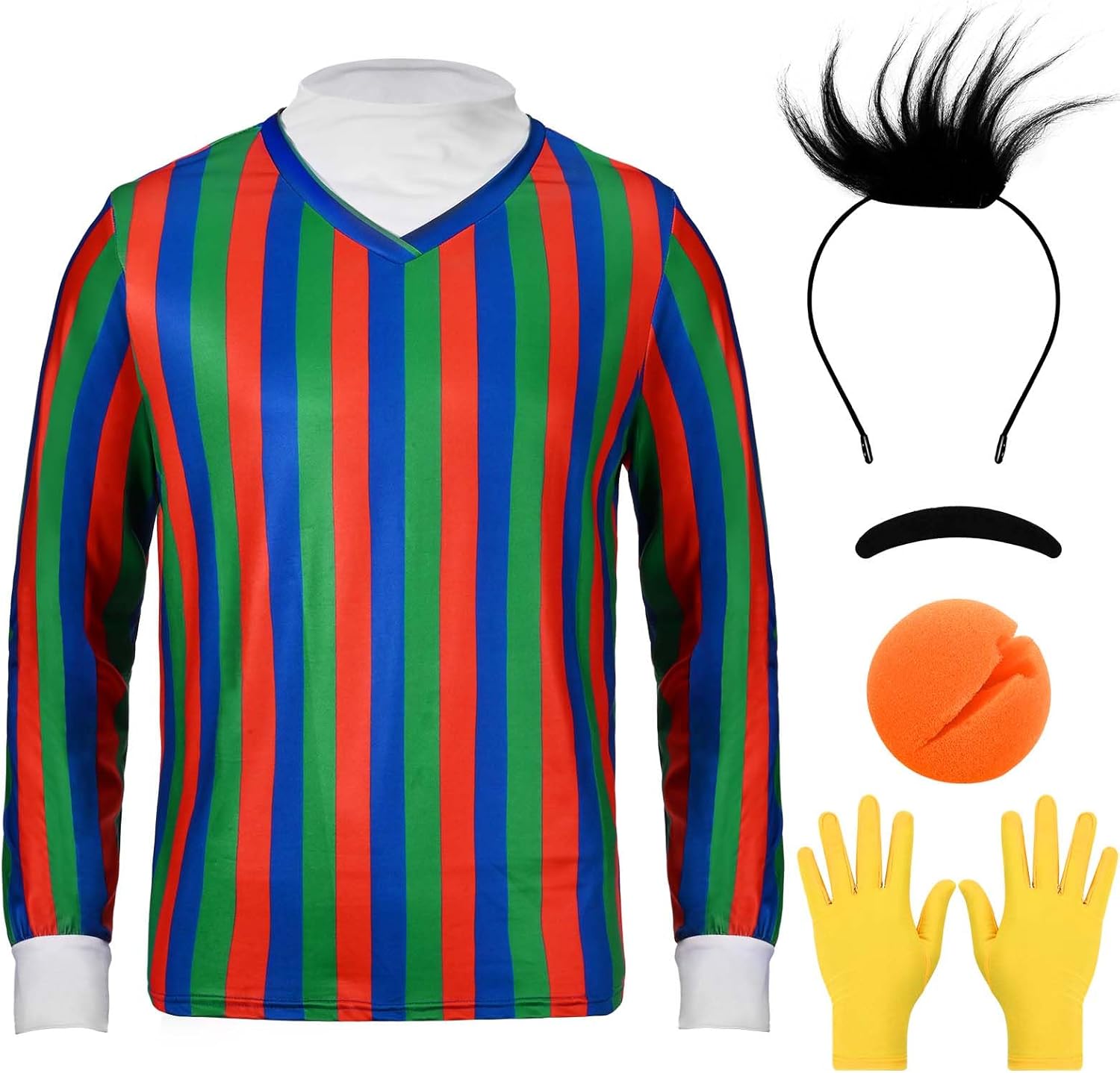 5 Pcs Halloween Costume Set Striped T-Shirt Hairy Headband Yellow Gloves Eyebrows Sponge Nose for Men Cosplay