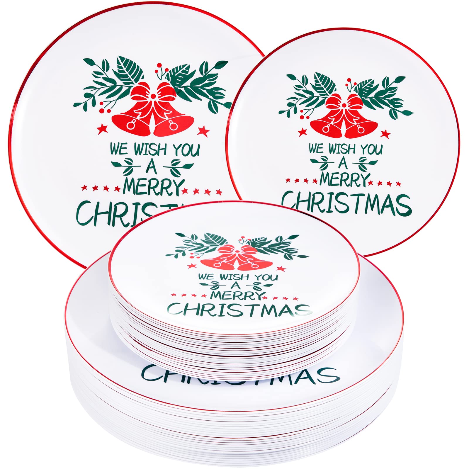 LUODA 60PCS Christmas Party Plates with Christmas Bells and Alphabet Design, Christmas Plastic Plates Includes 30 Christmas Dinner Plates and 30 Christmas Salad Plates