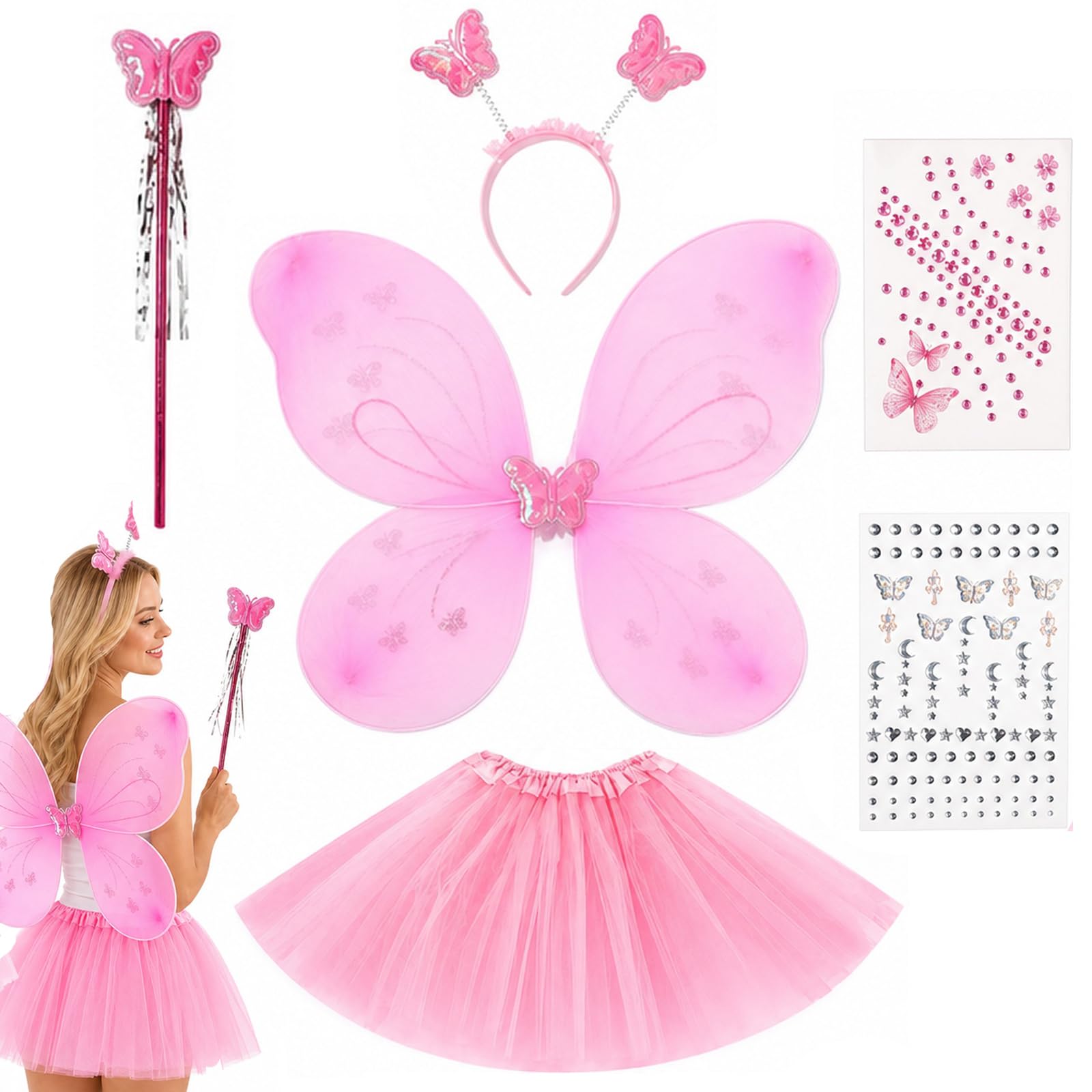 6-Piece Set Pink Fairy Wings, Fairy Wings, with Headband, Wand, Skirt, Stickers, for Cosplay Events, Social Media Content, Halloween Masquerades, Music Festivals, Bachelorette Parties