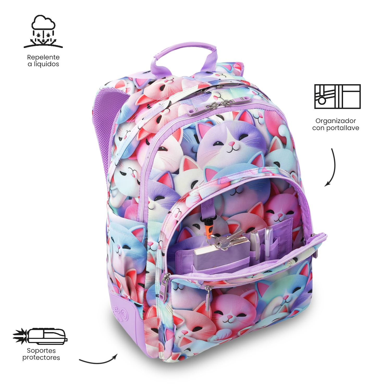 TOTTO - Mochila Escolar Grande, Modelo Rayol, Capacidad 19 L, 3 Compartimentos, 2 Bolsillos Botella, Bolsillo para PC 14", Espaldar Ergonómico con Flujo de Aire, Correas en S, Estampado Mewsy 3D
