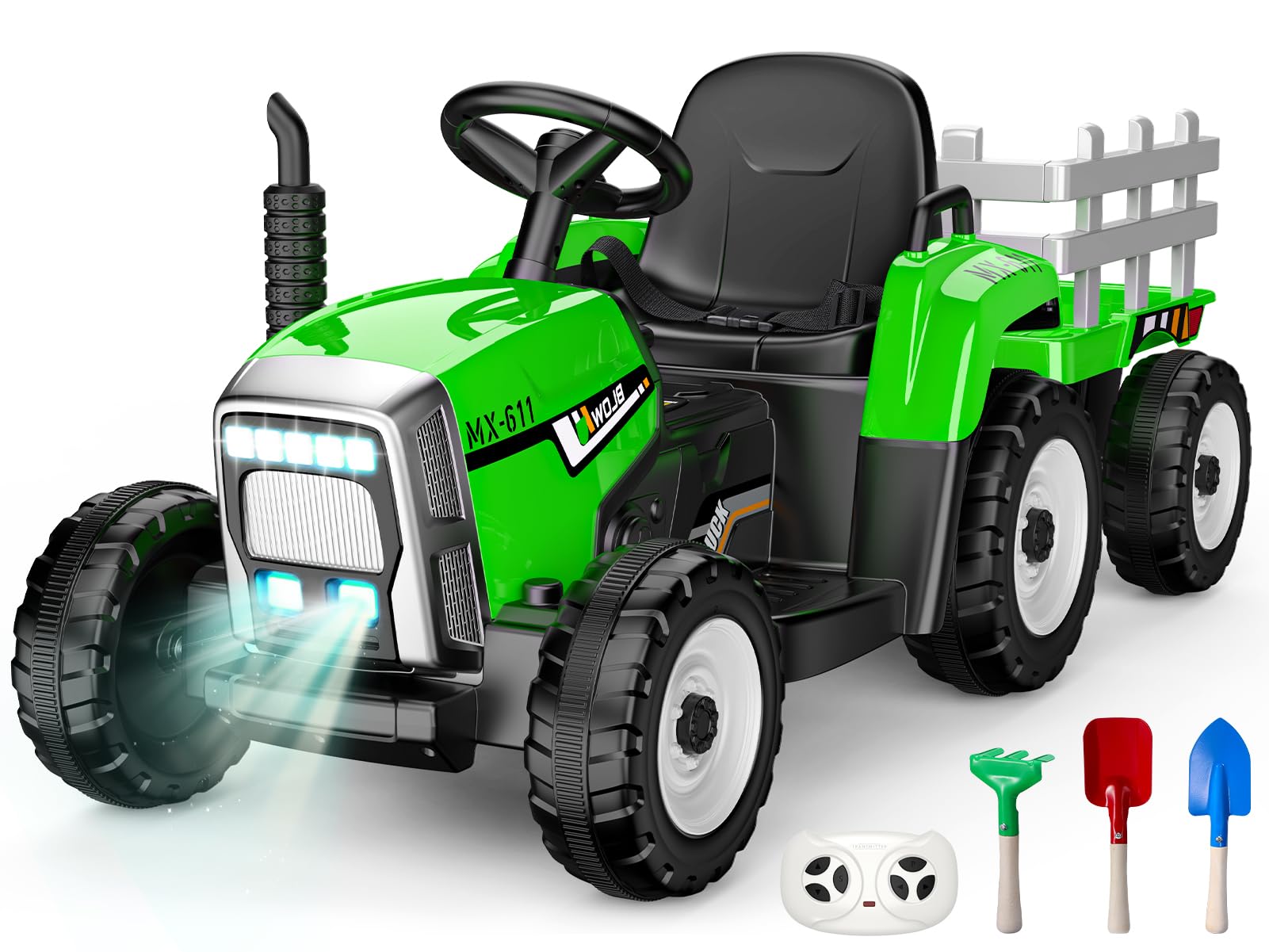 Naxudcoo Ride On Tractor With Trailer: Remote Control Tractor Toys For 3-7 Year Old Kid, 12V Electric Vehicles With Led Headlights, Bluetooth & Usb, Ride On Car Birthday Gifts For Kids 3+