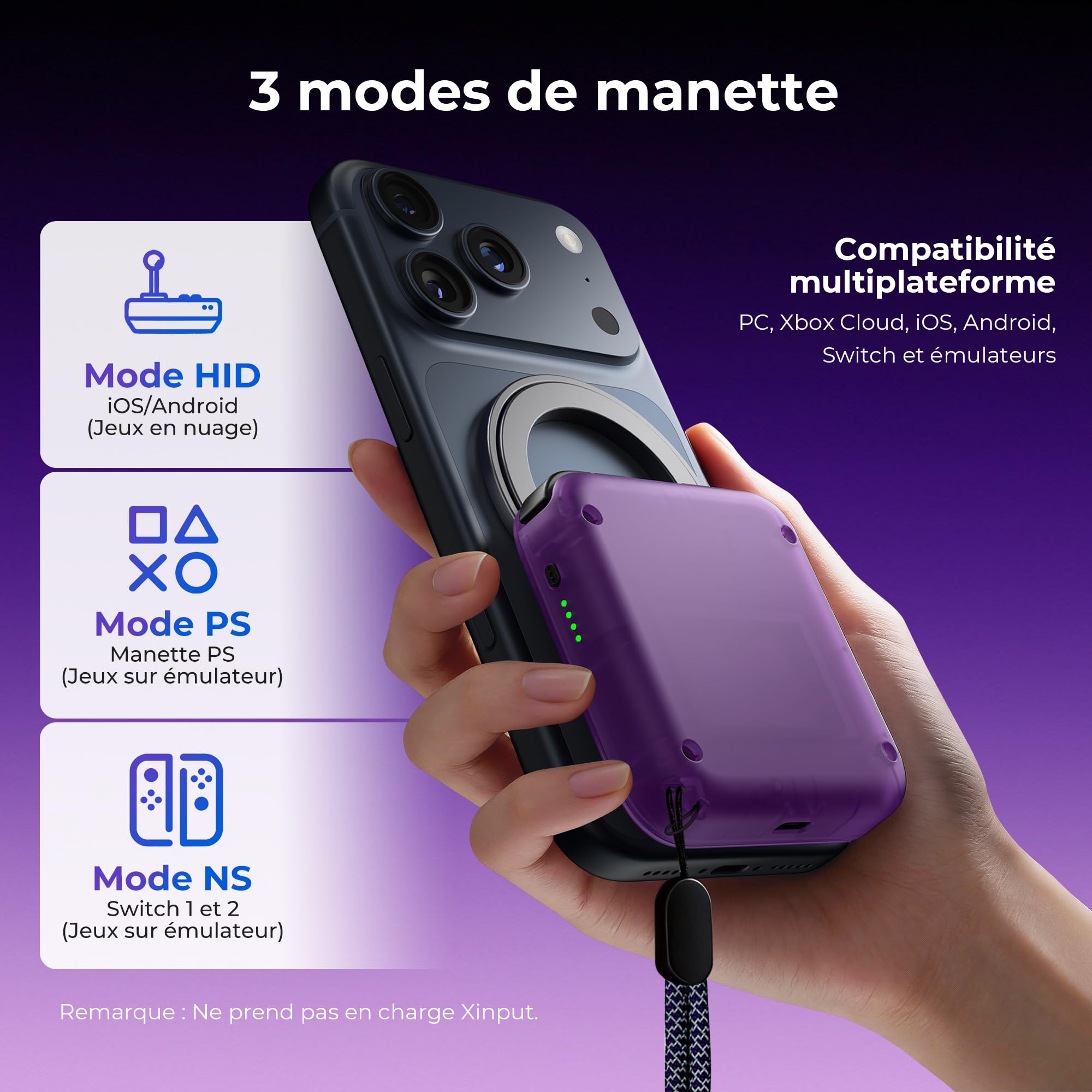 abxylute Manette de jeu mobile M4 Snap-On pour Android et iPhone, légère et portable, manette de poche rétro avec support, double joystick turbo et aimant (violet)