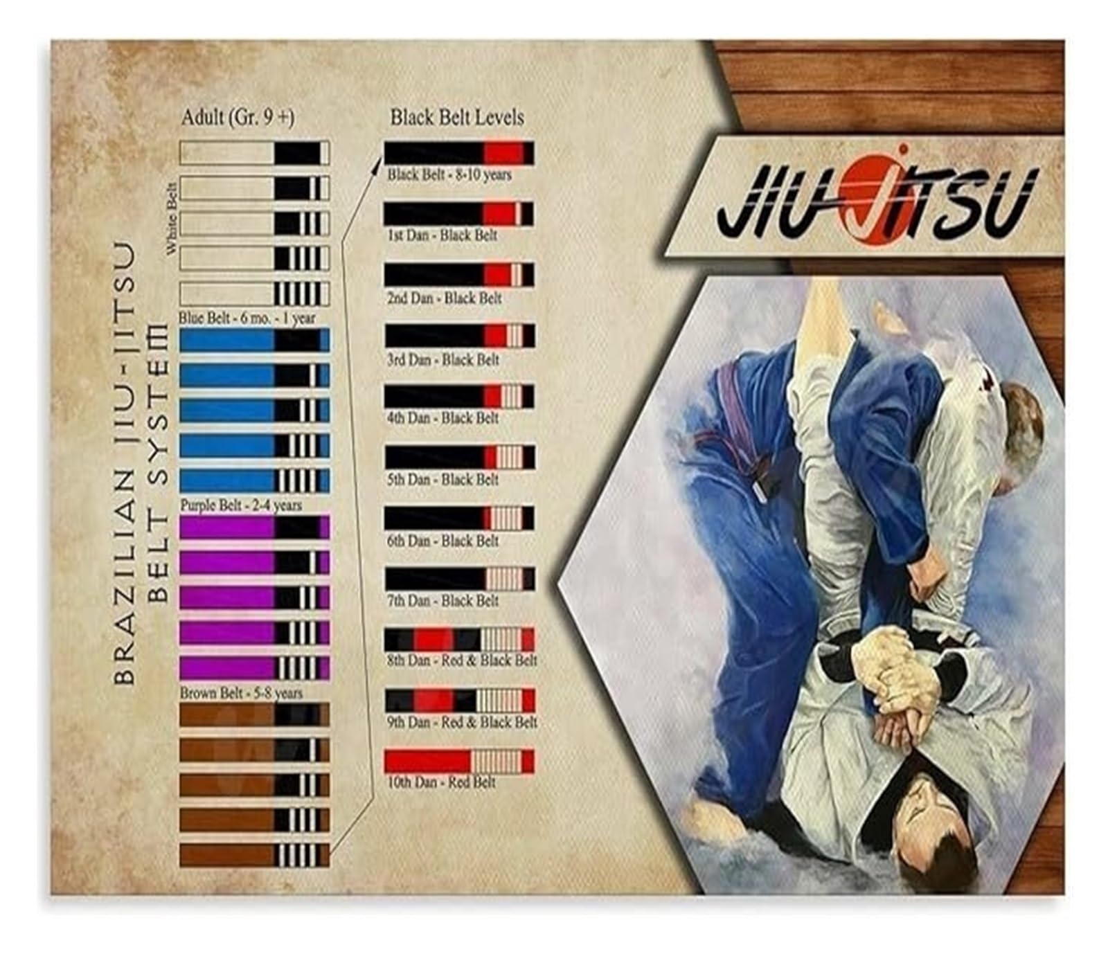 CBQZCHWDKT Brazilian Jiu Jitsu Cultural Poster Vintage Martial Arts Timeline Canvas Wall-Art for BJJ Enthusiasts Home Office Decor(Unframed,08x12inch(20x30cm))